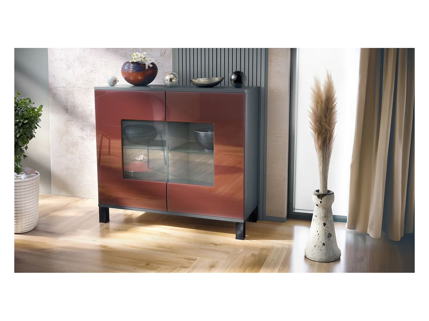 Commode Grömitz V3, Armoire de cuisine moderne avec 2 grandes portes vitrées anthracite mat / bordeaux haute brillance (92,5 x 84.5 x 35)