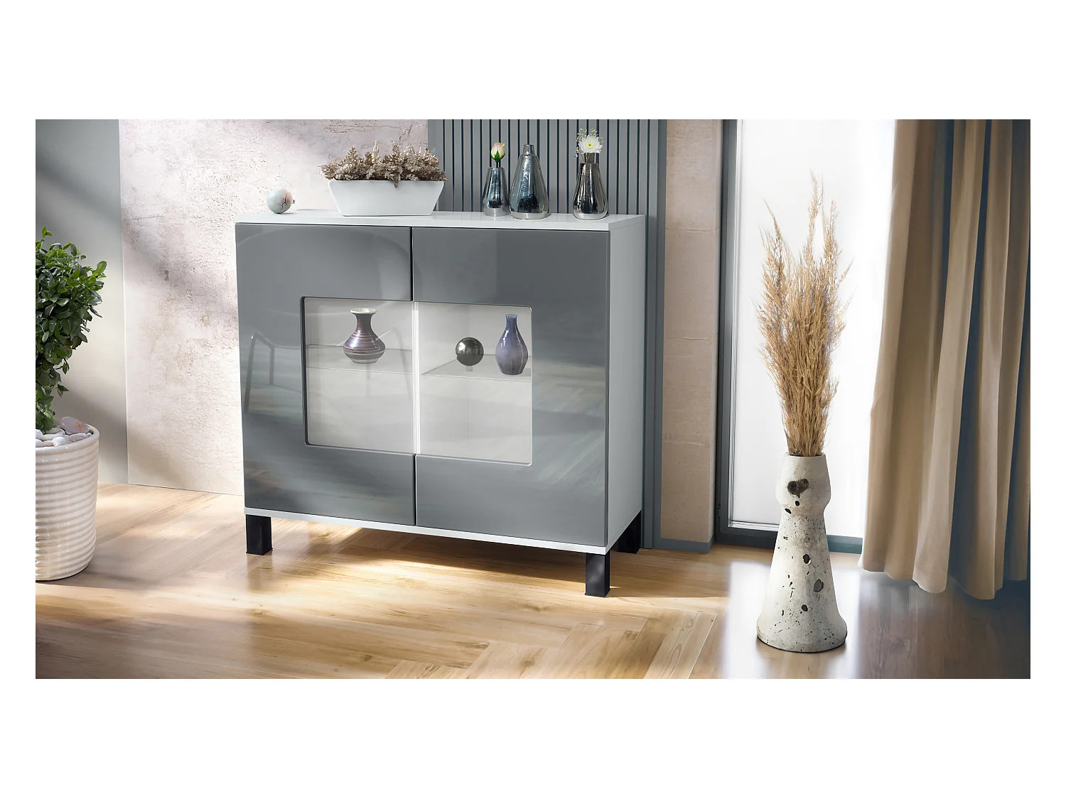 Cómoda Grömitz V3, Moderno armario de cocina con 2 grandes puertas de cristal blanco mate / gris de alto brillo (92,5 x 84.5 x 35)
