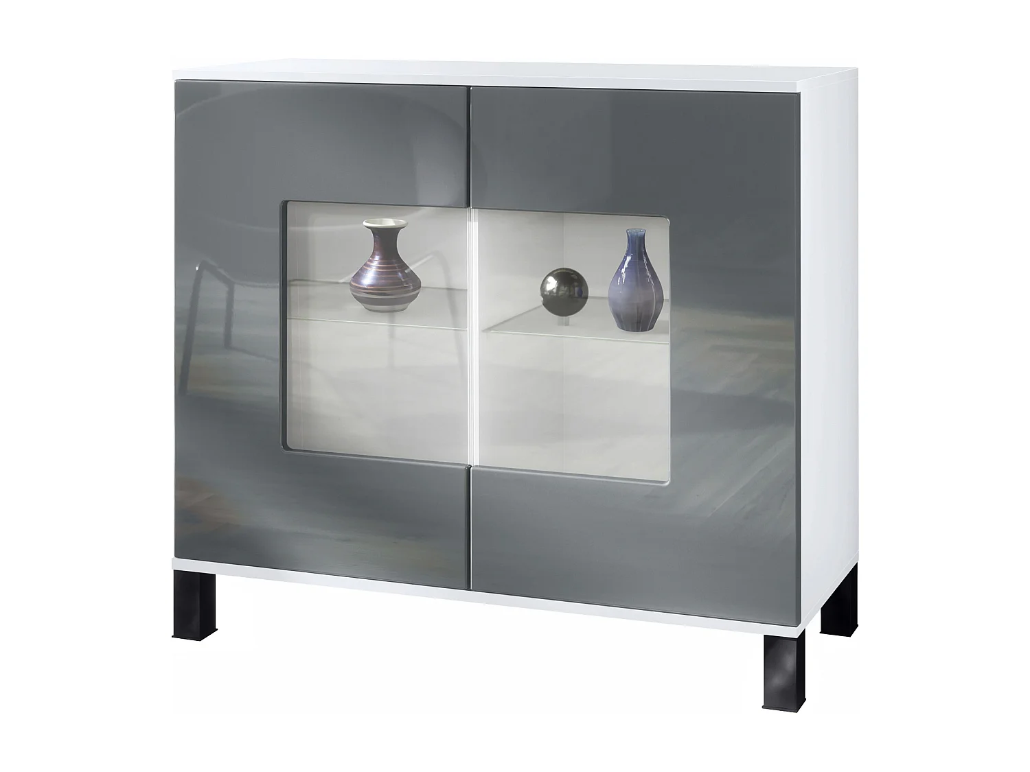 Commode Grömitz V3, Armoire de cuisine moderne avec 2 grandes portes vitrées blanc mat / gris haute brillance (92,5 x 84.5 x 35)