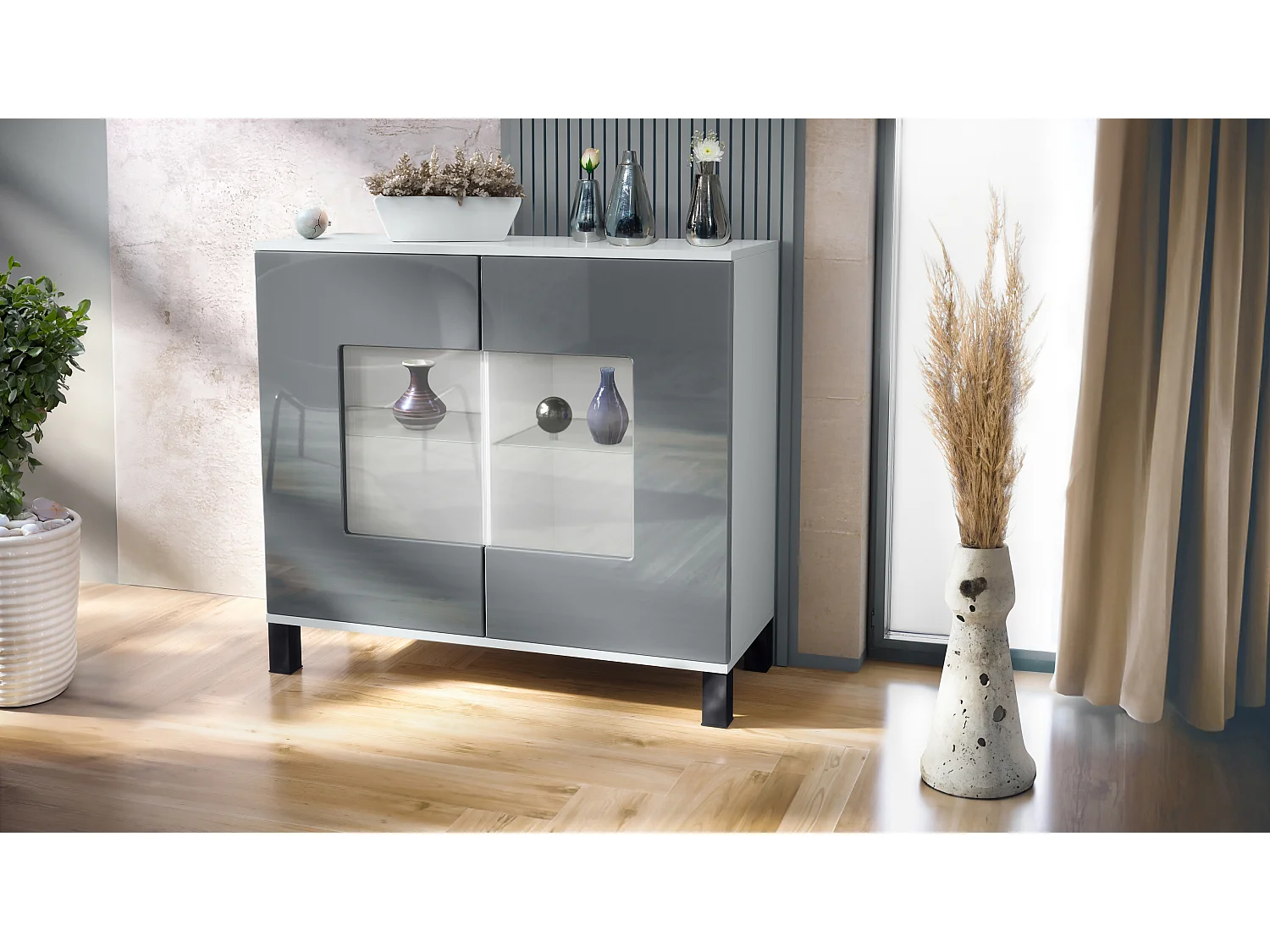 Commode Grömitz V3, Armoire de cuisine moderne avec 2 grandes portes vitrées blanc mat / gris haute brillance (92,5 x 84.5 x 35)