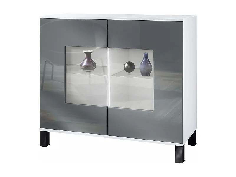 Commode Grömitz V3, Armoire de cuisine moderne avec 2 grandes portes vitrées blanc mat / gris haute brillance (92,5 x 84.5 x 35)