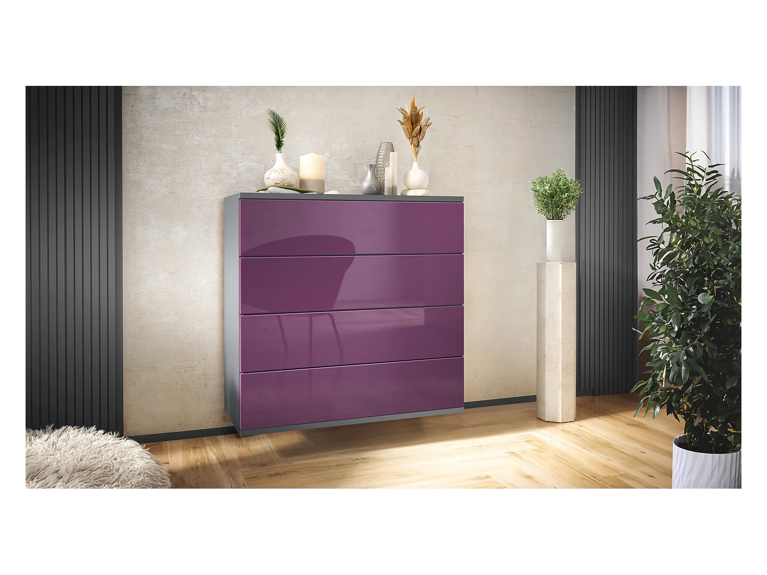 Commode suspendue Pavos V3, Buffet avec 4 tiroirs anthracite mat/mûre haute brillance (76 x 76 x 35 cm)