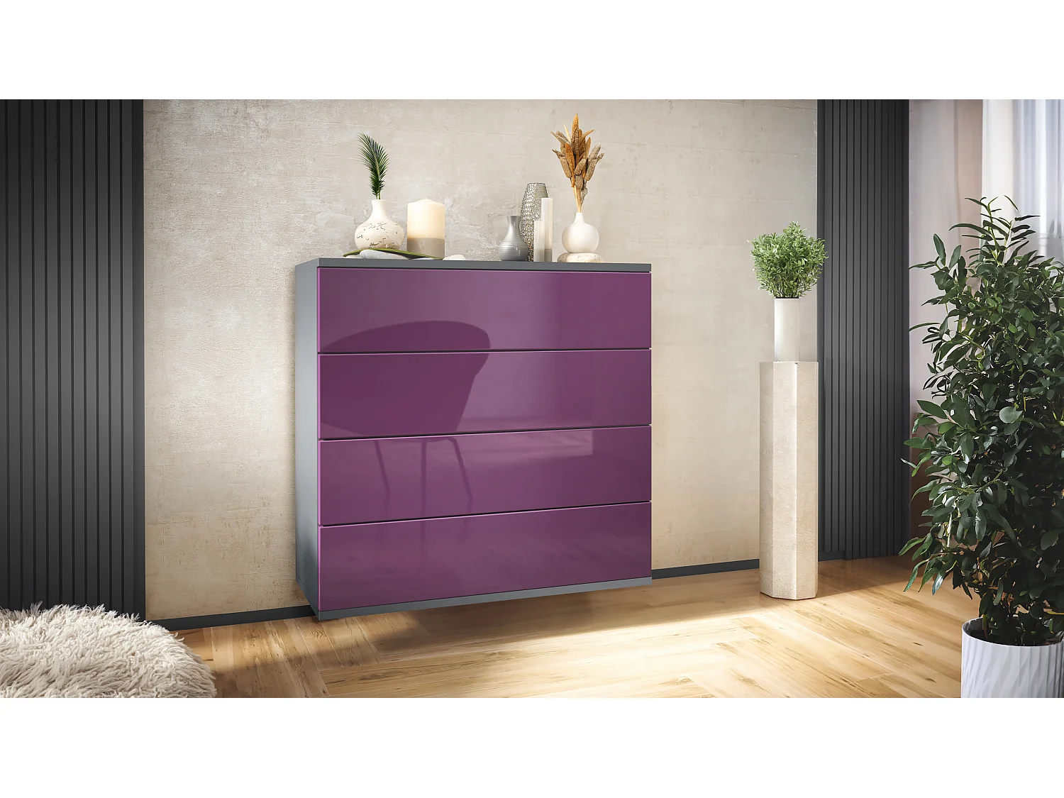 Cassettiera sospesa Pavos V3, Credenza con 4 cassetti antracite opaco /violetto porpora lucido (76 x 76 x 35 cm)