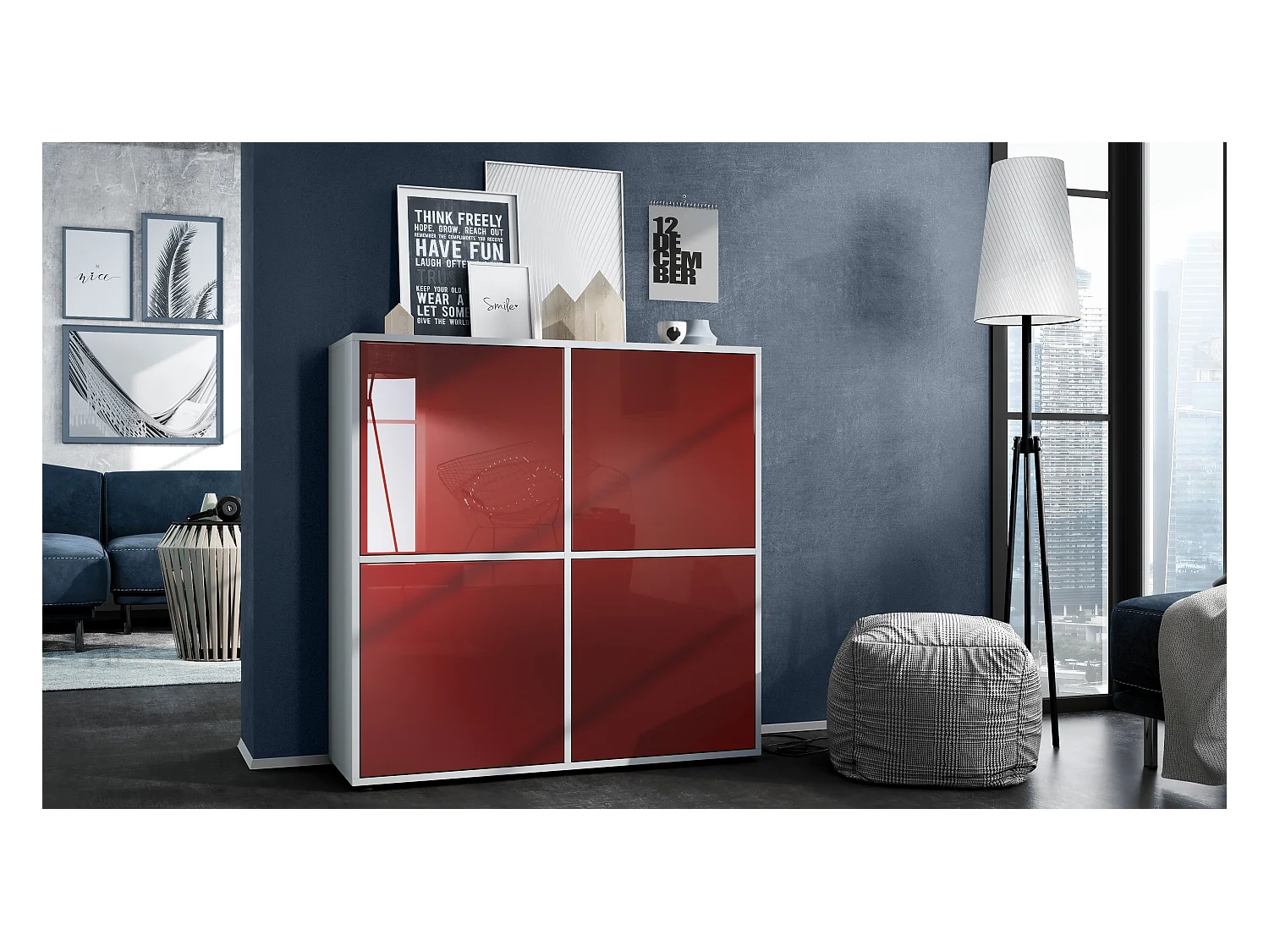 Highboard Cuba V2 Placard 104 x 105,5 x 35,5 cm Buffet à 8 compartiments, caisson en blanc mat / façades en Bordeaux laqué haute brillance