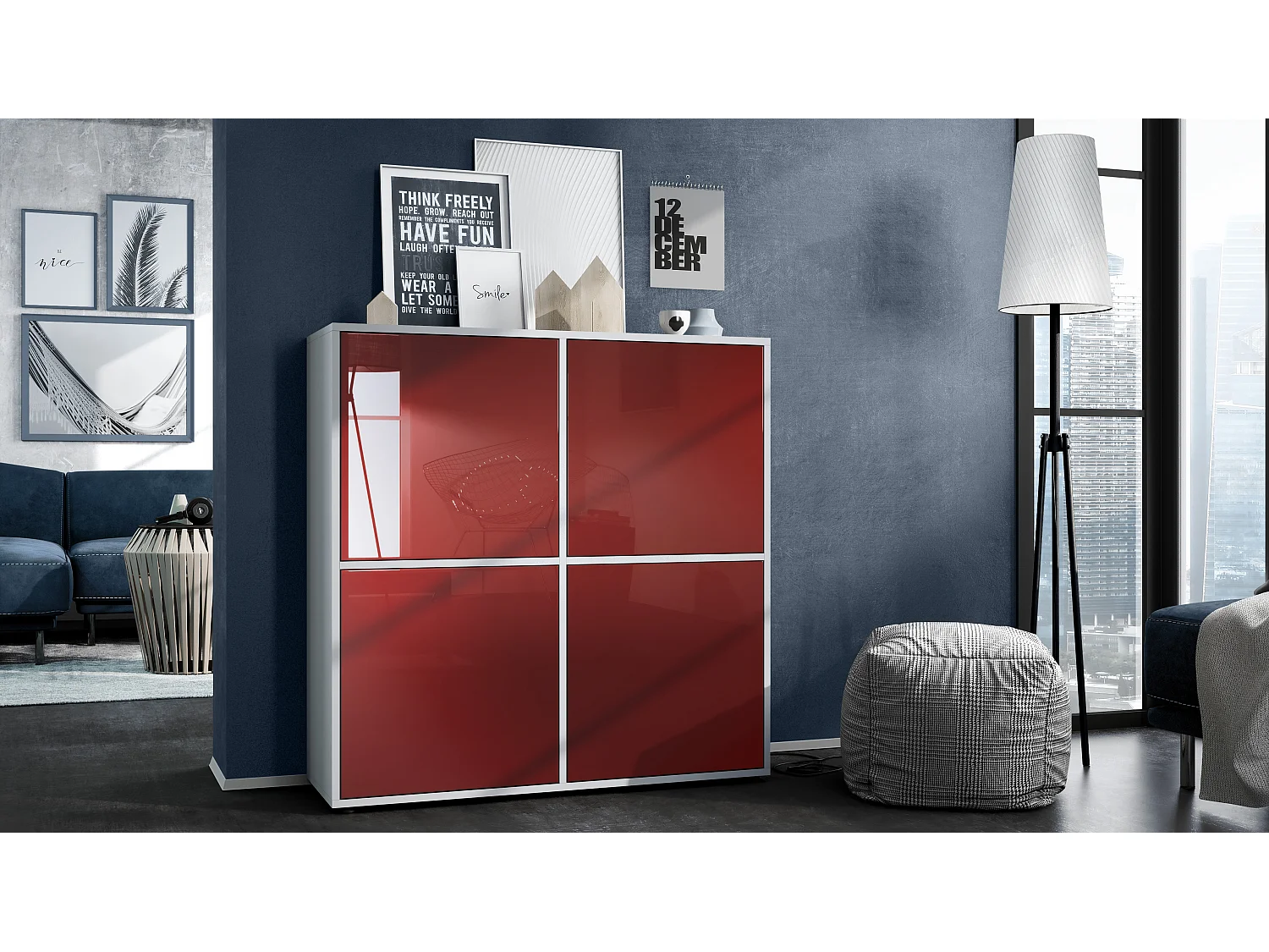 Credenza Cuba V2 Credenza 104 x 105,5 x 35,5 cm Credenza con 8 ripiani, Struttura in bianco opaco / Ante in Bordeaux High Gloss