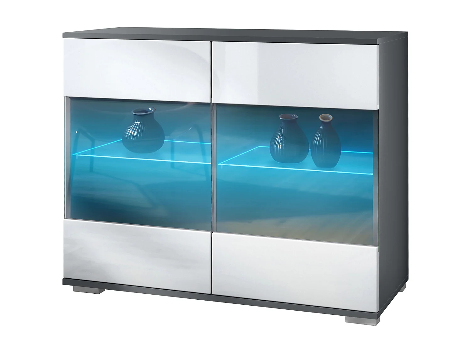 Commode Bari V3, Armoire de cuisine moderne avec 2 grandes portes vitrées incl. éclairage RGB anthracite mat / blanc haute brillance (92,5 x 75.5 x 35)