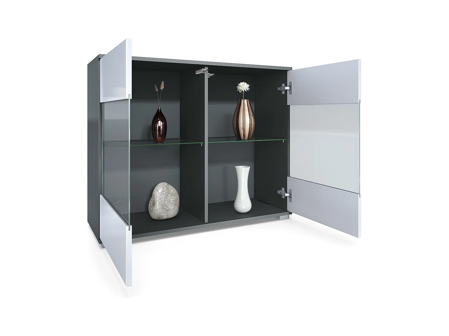 Commode Bari V3, Armoire de cuisine moderne avec 2 grandes portes vitrées incl. éclairage RGB anthracite mat / blanc haute brillance (92,5 x 75.5 x 35)