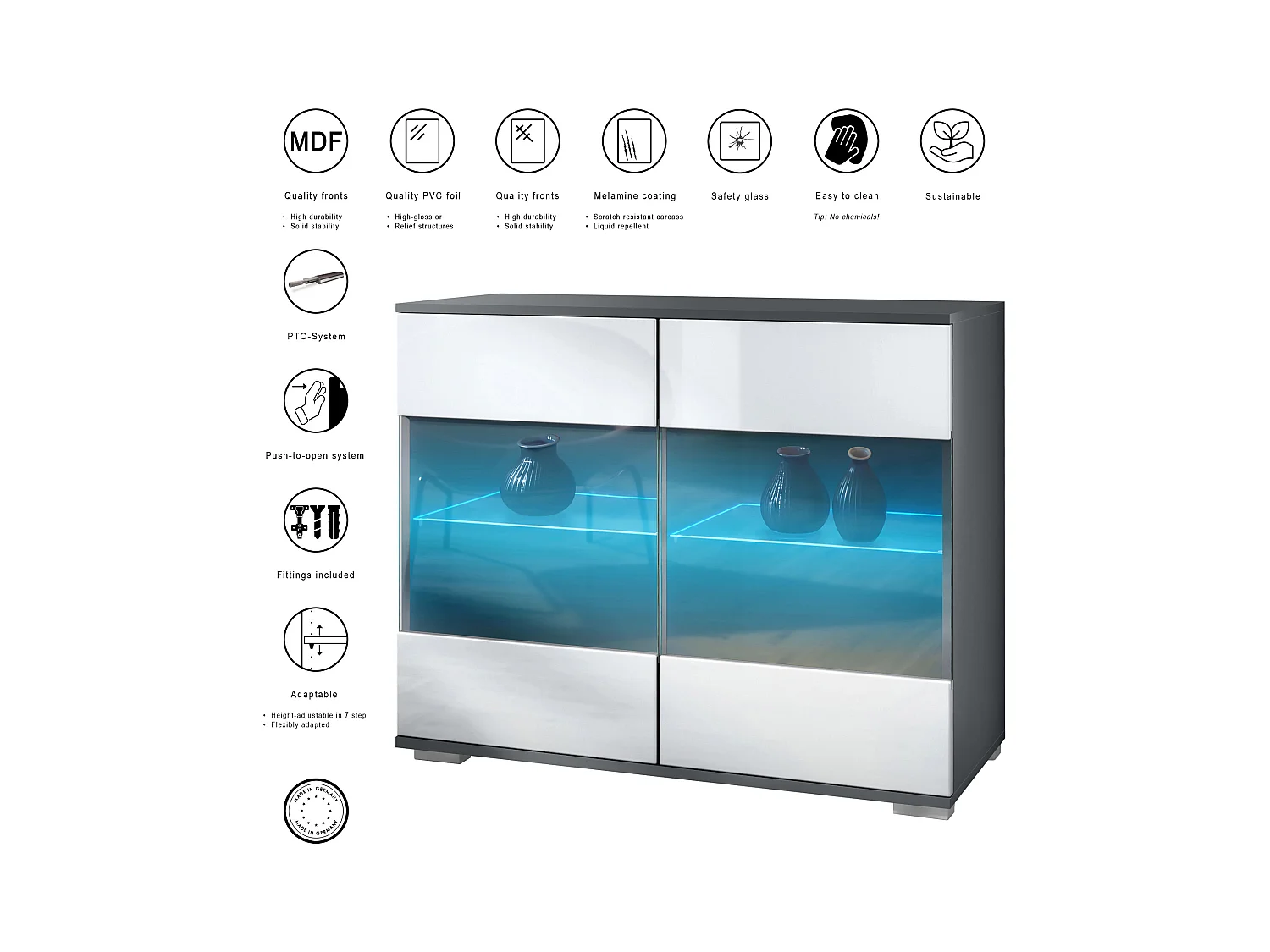 Commode Bari V3, Armoire de cuisine moderne avec 2 grandes portes vitrées incl. éclairage RGB anthracite mat / blanc haute brillance (92,5 x 75.5 x 35)