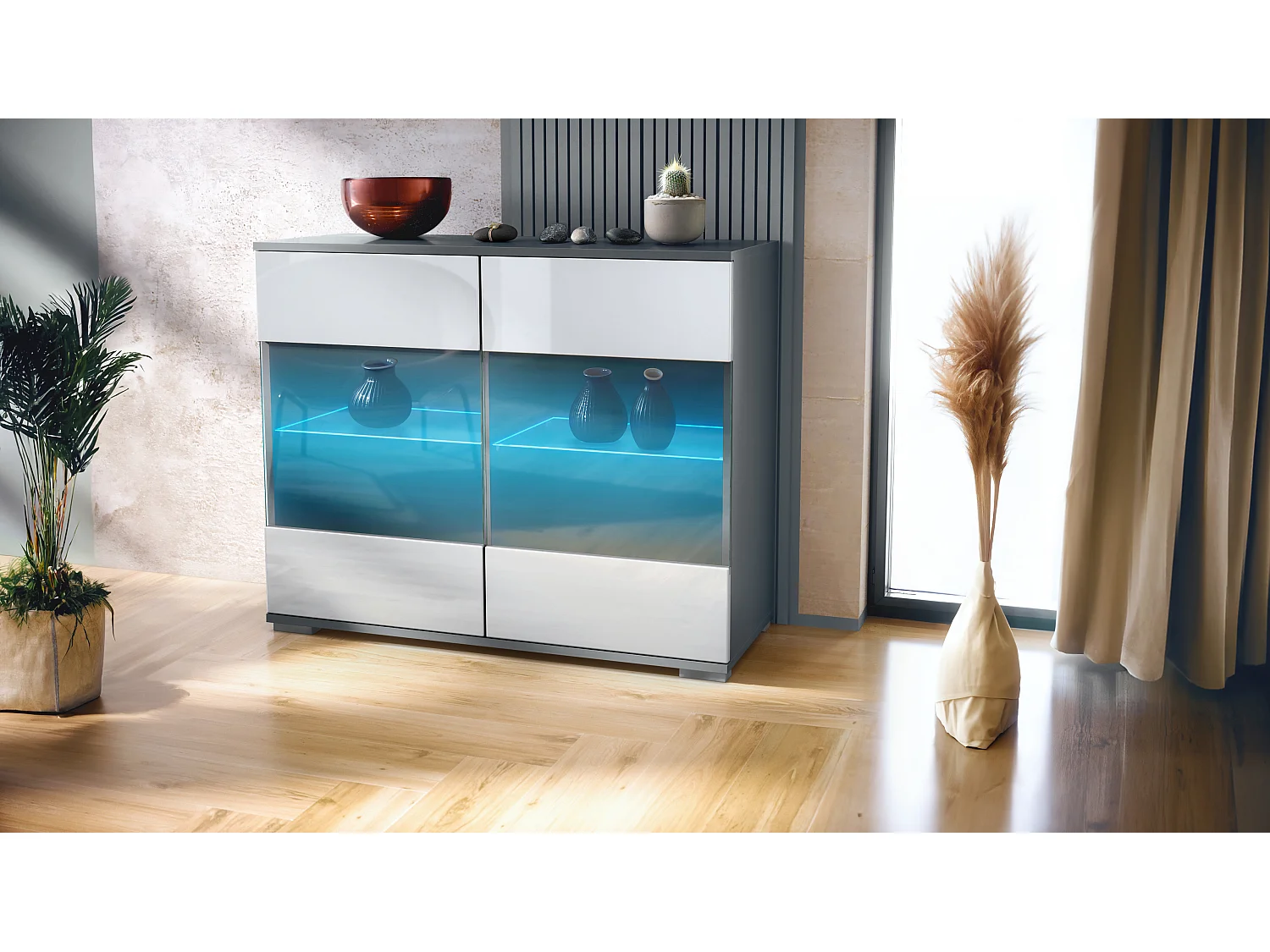 Cómoda Bari V3, Moderno armario de cocina con 2 grandes puertas de cristal incl. iluminación RGB antracita mate / blanco de alto brillo (92,5 x 75.5 x 35)