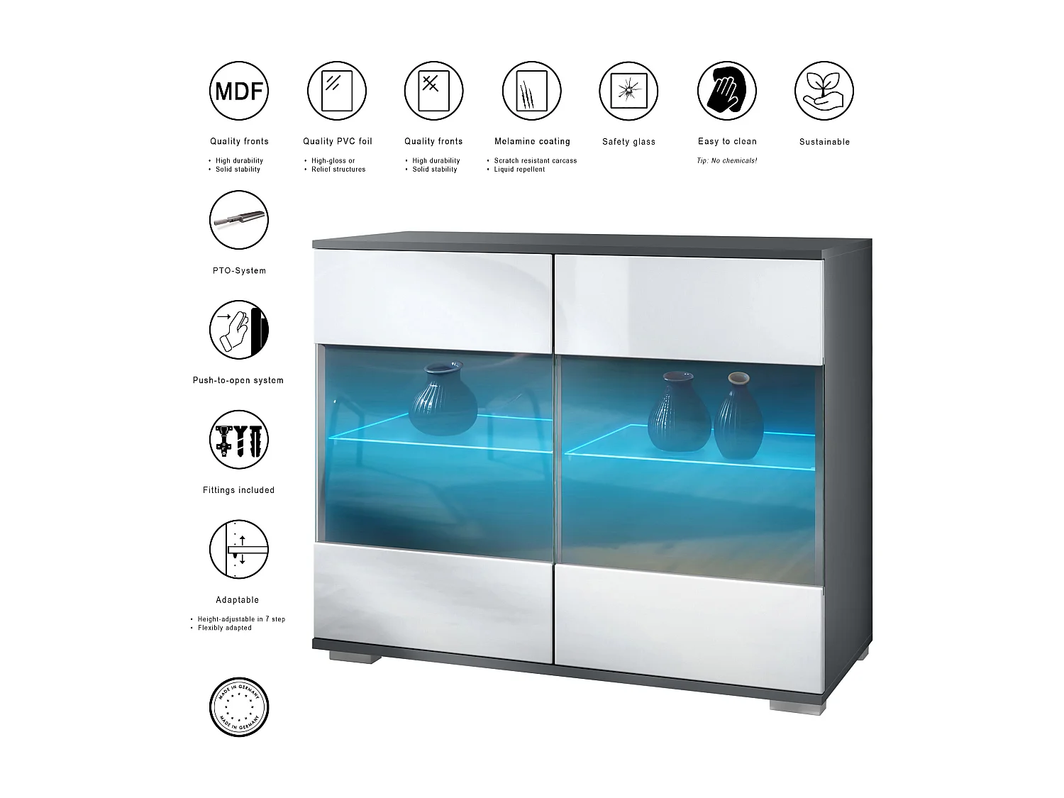 Cómoda Bari V3, Moderno armario de cocina con 2 grandes puertas de cristal incl. iluminación RGB antracita mate / blanco de alto brillo (92,5 x 75.5 x 35)