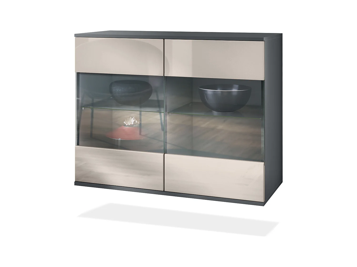 Commode Bari V3, Armoire de cuisine moderne avec 2 grandes portes vitrées anthracite mat / gris sable haute brillance (92,5 x 73.5 x 35)