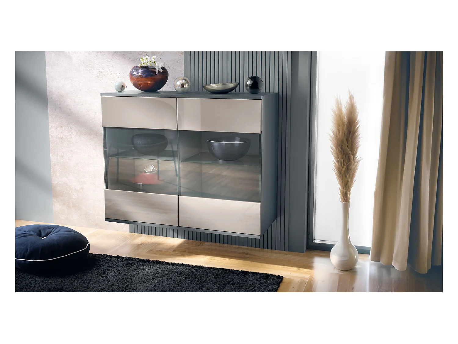 Commode Bari V3, Armoire de cuisine moderne avec 2 grandes portes vitrées anthracite mat / gris sable haute brillance (92,5 x 73.5 x 35)