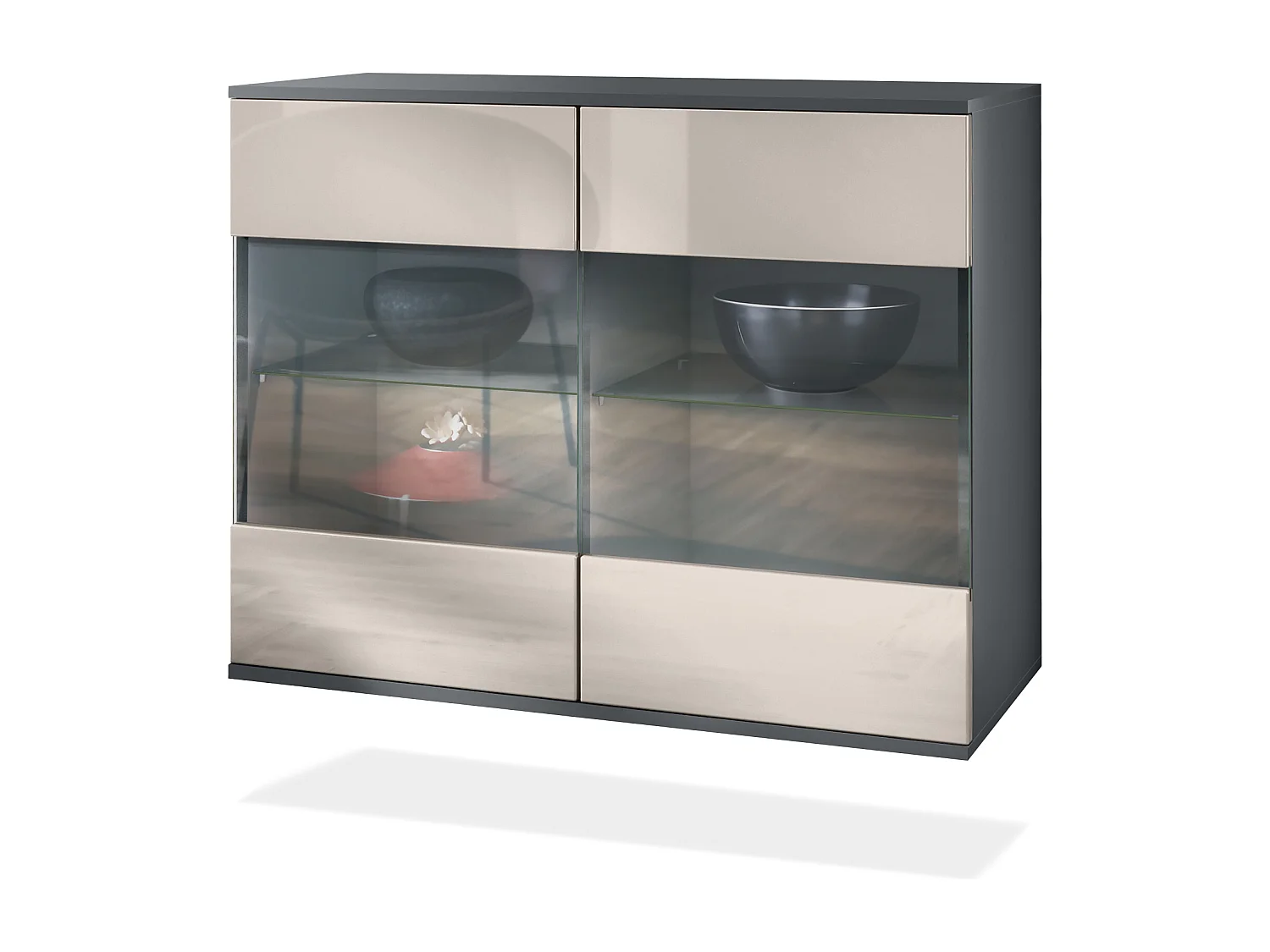 Cómoda Bari V3, Moderno armario de cocina con 2 grandes puertas de cristal antracita mate / gris arena de alto brillo (92,5 x 73.5 x 35)