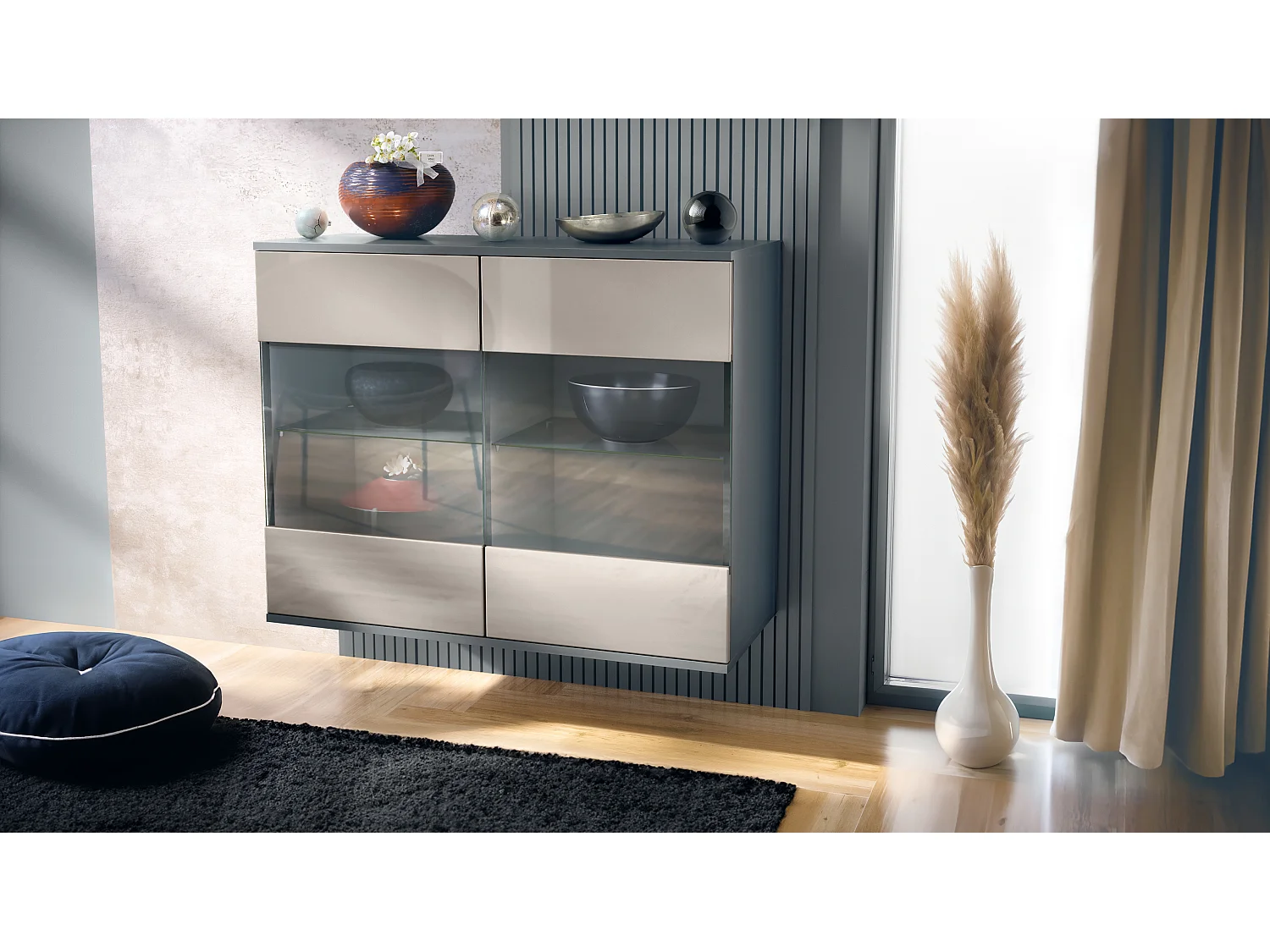 Cómoda Bari V3, Moderno armario de cocina con 2 grandes puertas de cristal antracita mate / gris arena de alto brillo (92,5 x 73.5 x 35)