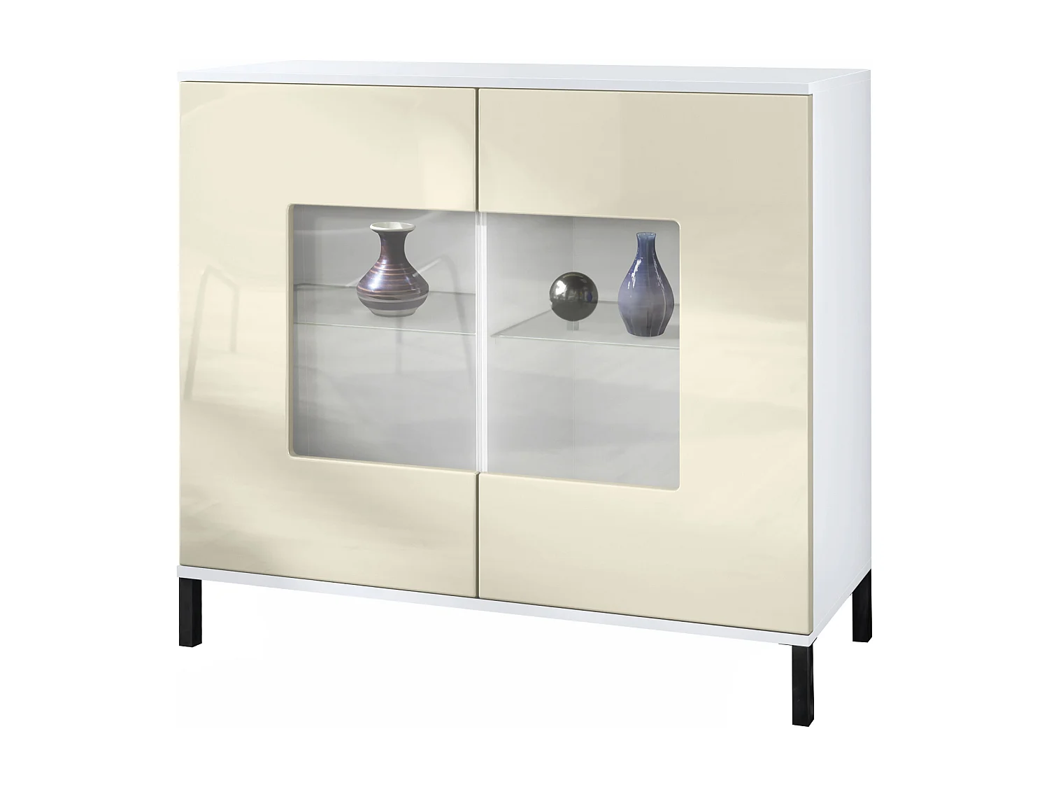 Commode Grömitz V3, Armoire de cuisine moderne avec 2 grandes portes vitrées blanc mat / crème haute brillance (92,5 x 83.5 x 35)