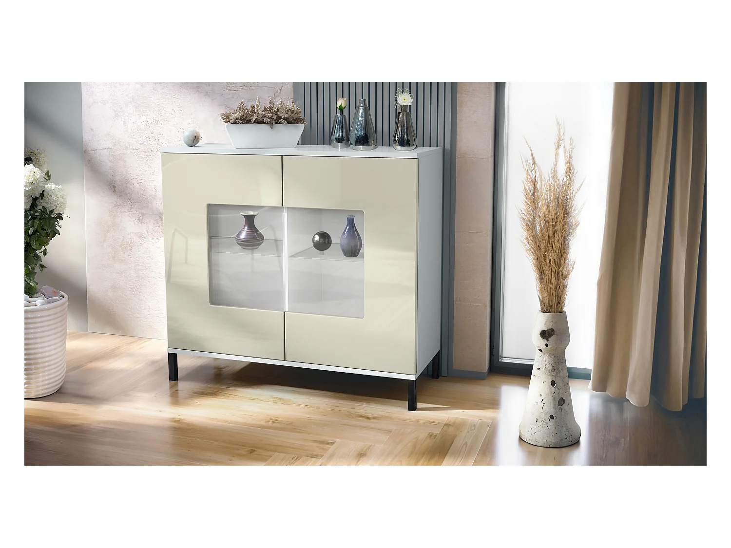 Commode Grömitz V3, Armoire de cuisine moderne avec 2 grandes portes vitrées blanc mat / crème haute brillance (92,5 x 83.5 x 35)