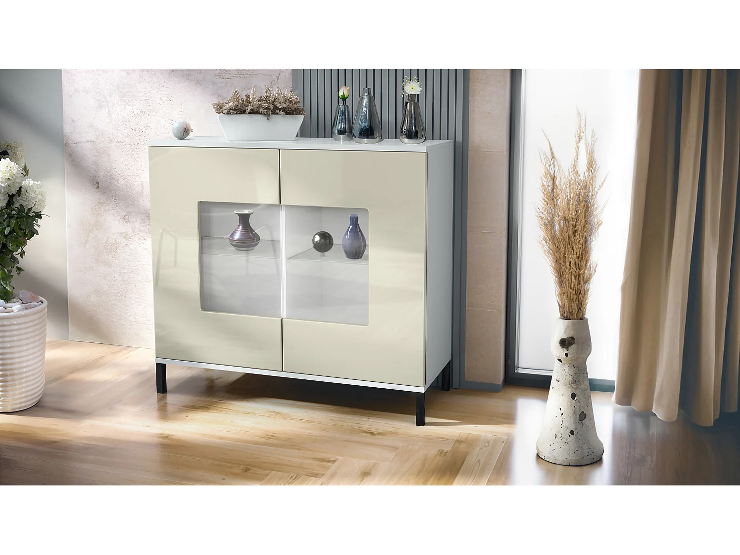 Commode Grömitz V3, Armoire de cuisine moderne avec 2 grandes portes vitrées blanc mat / crème haute brillance (92,5 x 83.5 x 35)