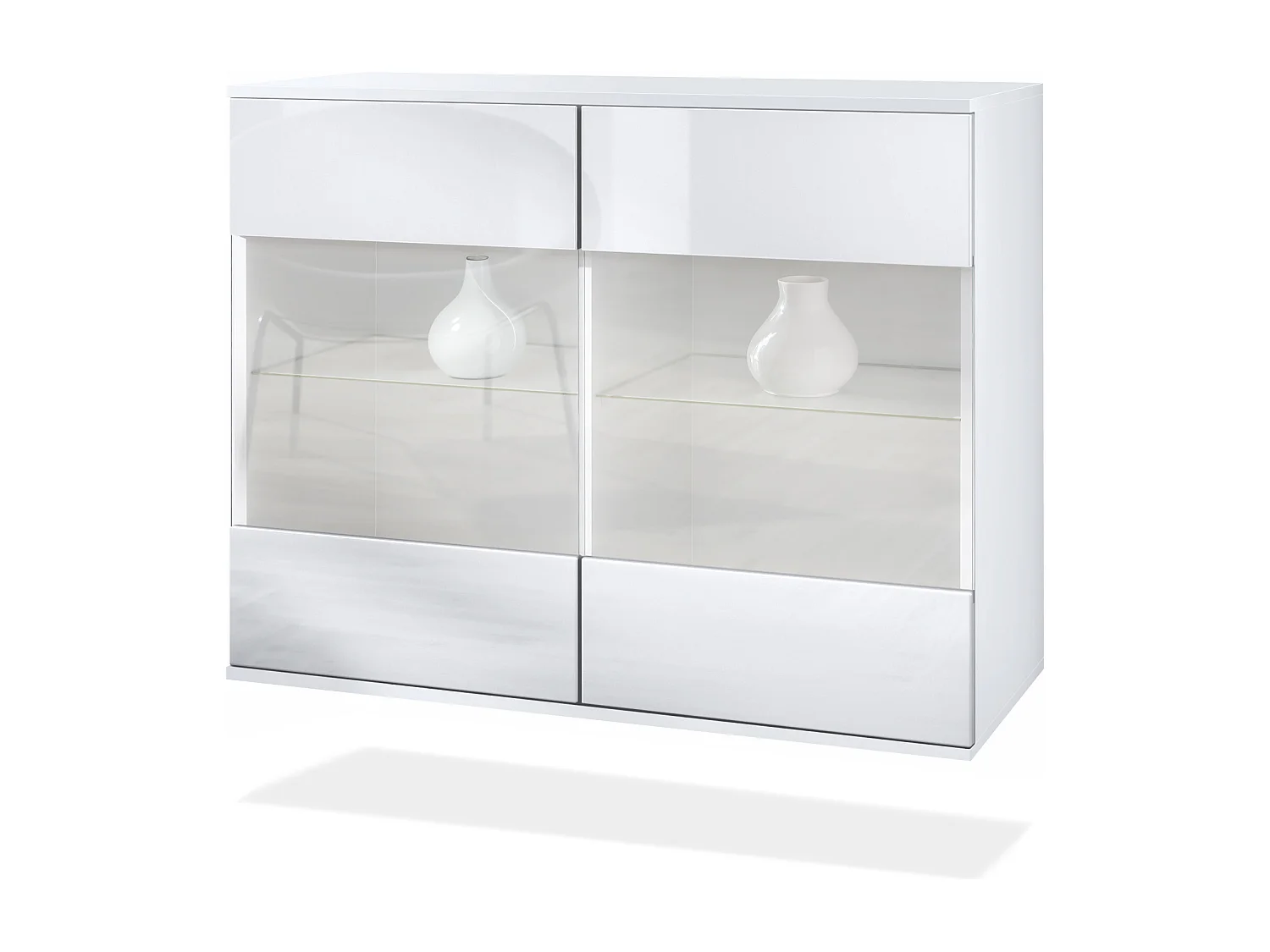 Commode Bari V3, Armoire de cuisine moderne avec 2 grandes portes vitrées blanc mat / blanc haute brillance (92,5 x 73.5 x 35)