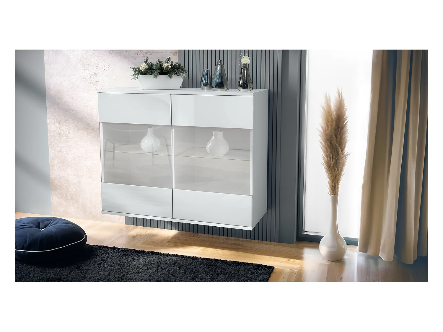 Commode Bari V3, Armoire de cuisine moderne avec 2 grandes portes vitrées blanc mat / blanc haute brillance (92,5 x 73.5 x 35)