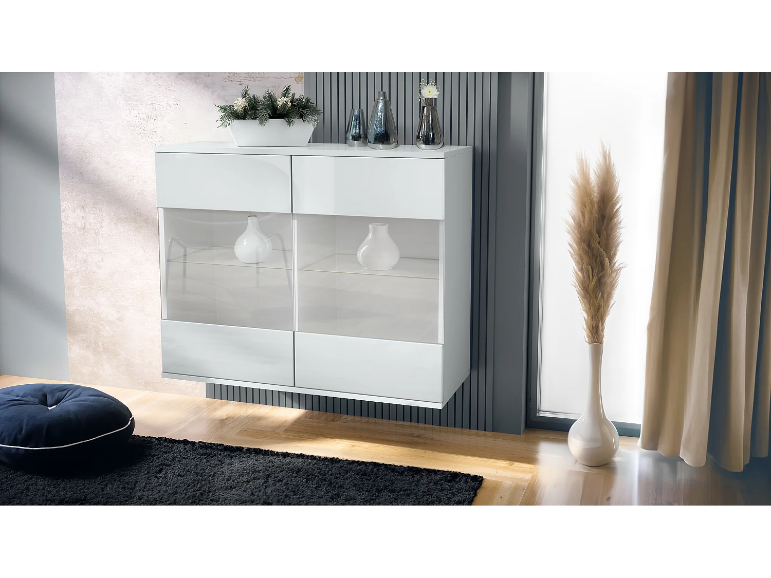 Cassettiera Bari V3, Mobile da cucina moderno con 2 grandi ante in vetro bianco opaco / bianco lucido (92,5 x 73.5 x 35)