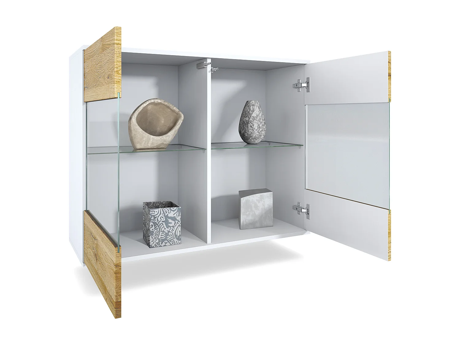 Cassettiera Bari V3, Mobile da cucina moderno con 2 grandi ante in vetro bianco opaco / bianco lucido (92,5 x 73.5 x 35)