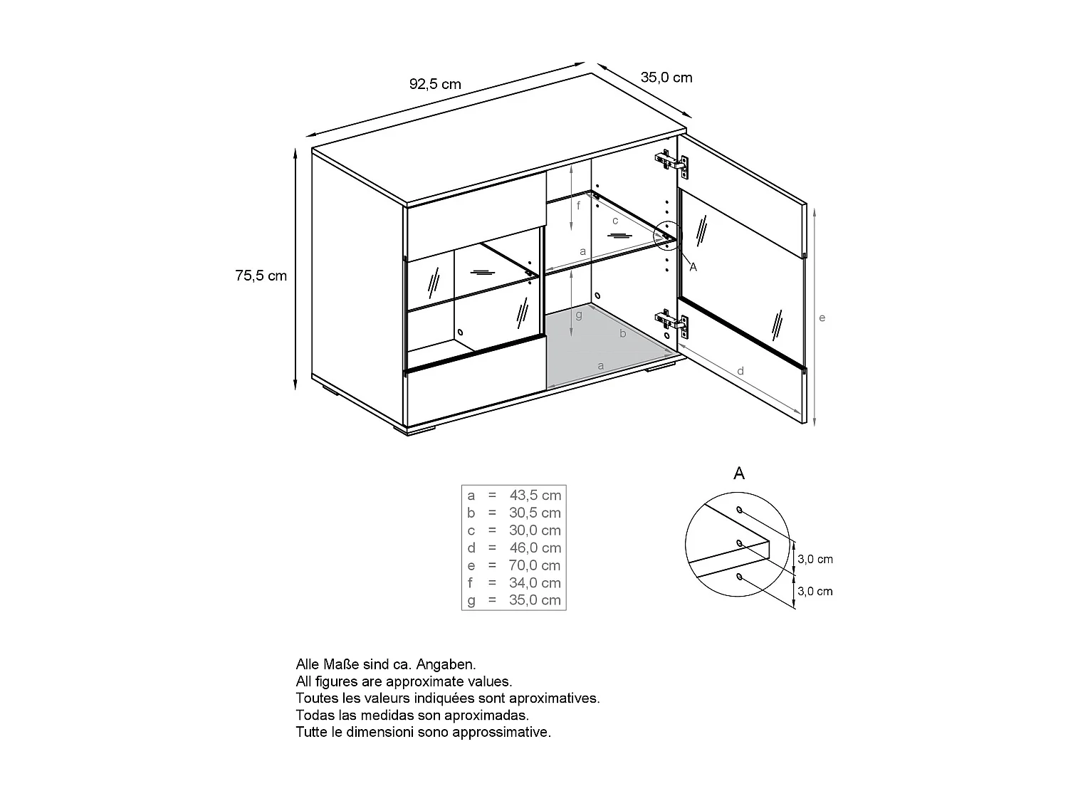 Cassettiera Bari V3, Mobile da cucina moderno con 2 grandi ante in vetro bianco opaco / bianco lucido (92,5 x 73.5 x 35)