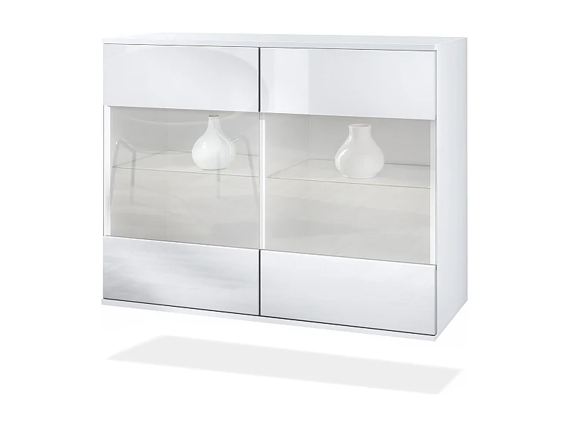 Commode Bari V3, Armoire de cuisine moderne avec 2 grandes portes vitrées blanc mat / blanc haute brillance (92,5 x 73.5 x 35)