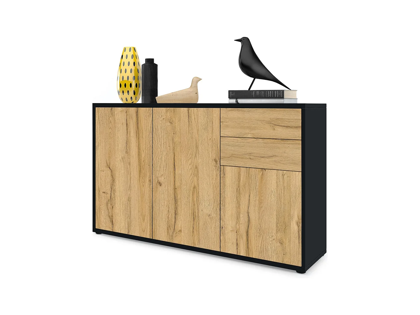 Buffet Ben V3, Commode avec 3 portes et 2 tiroirs, Noir mat/Chêne Nature (117 x 74 x 36 cm)