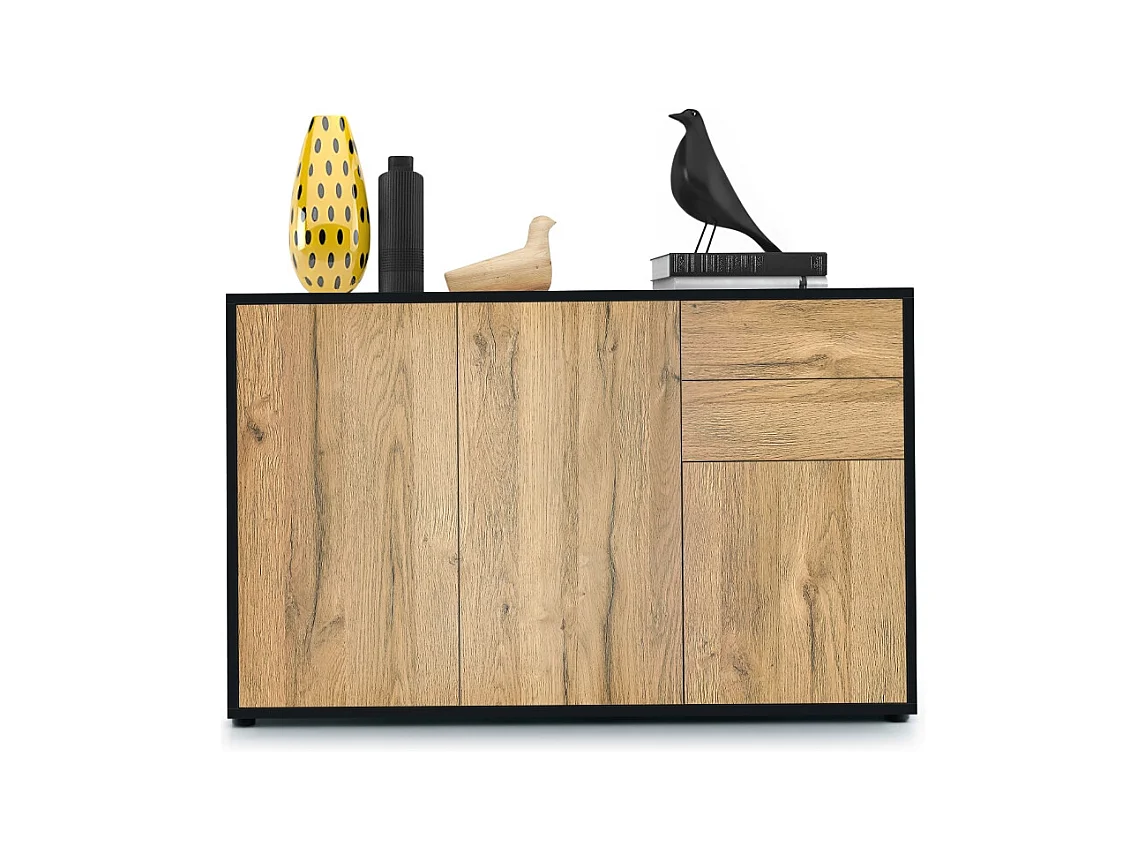 Buffet Ben V3, Commode avec 3 portes et 2 tiroirs, Noir mat/Chêne Nature (117 x 74 x 36 cm)