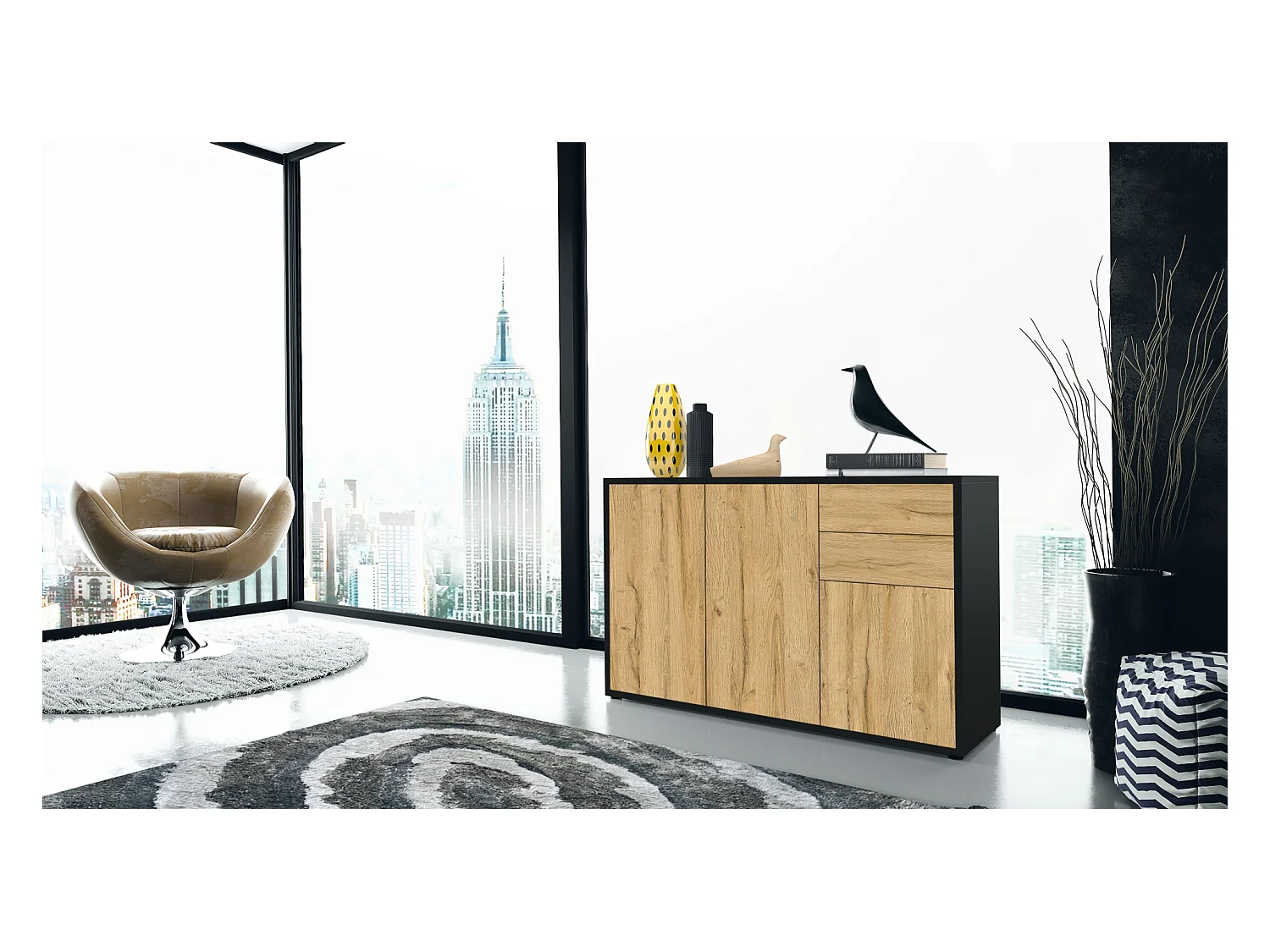 Buffet Ben V3, Commode avec 3 portes et 2 tiroirs, Noir mat/Chêne Nature (117 x 74 x 36 cm)