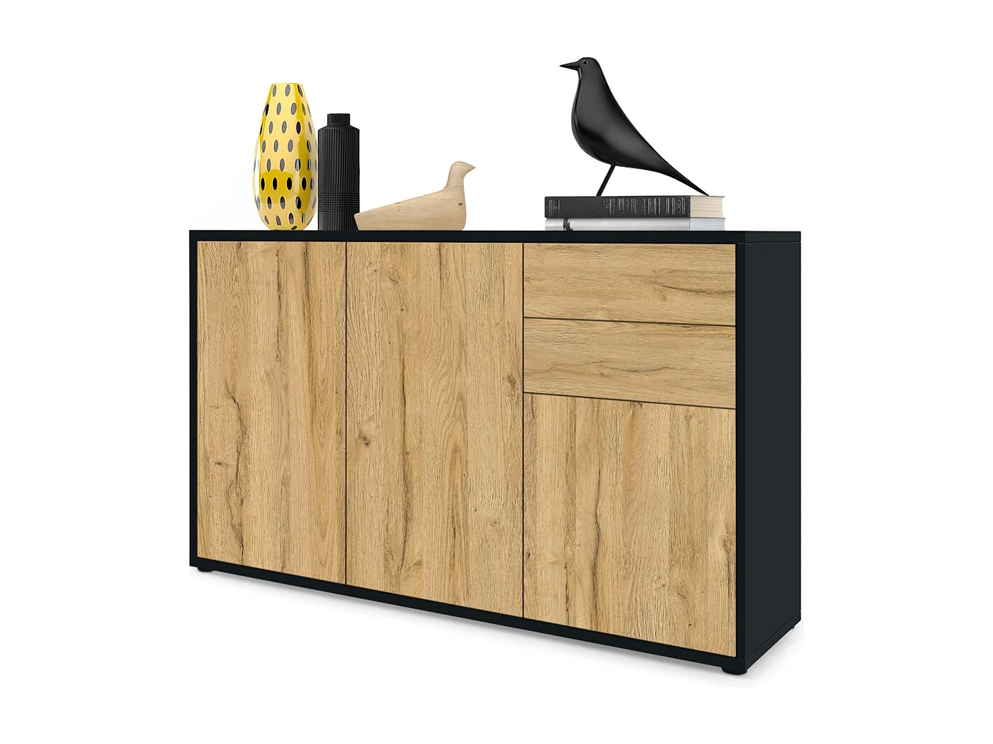 Buffet Ben V3, Commode avec 3 portes et 2 tiroirs, Noir mat/Chêne Nature (117 x 74 x 36 cm)