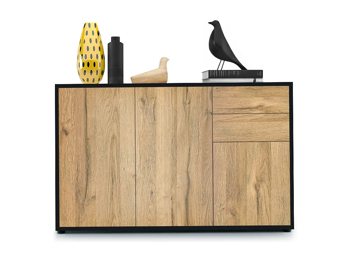 Buffet Ben V3, Commode avec 3 portes et 2 tiroirs, Noir mat/Chêne Nature (117 x 74 x 36 cm)