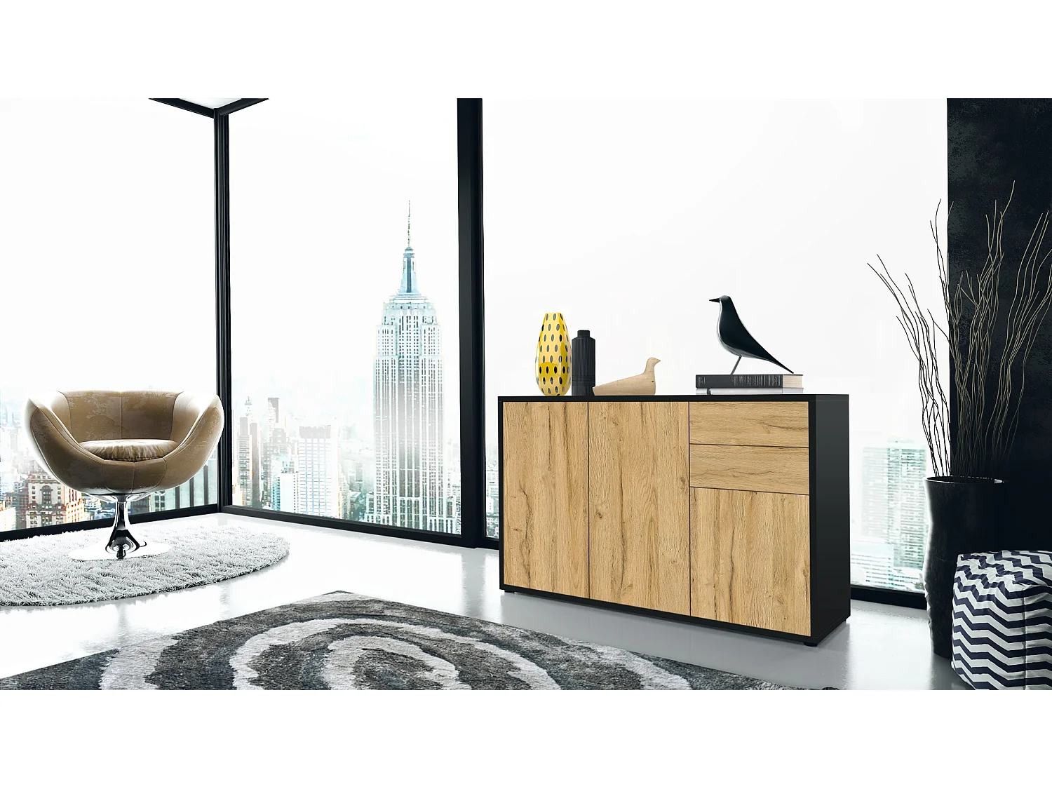 Buffet Ben V3, Commode avec 3 portes et 2 tiroirs, Noir mat/Chêne Nature (117 x 74 x 36 cm)