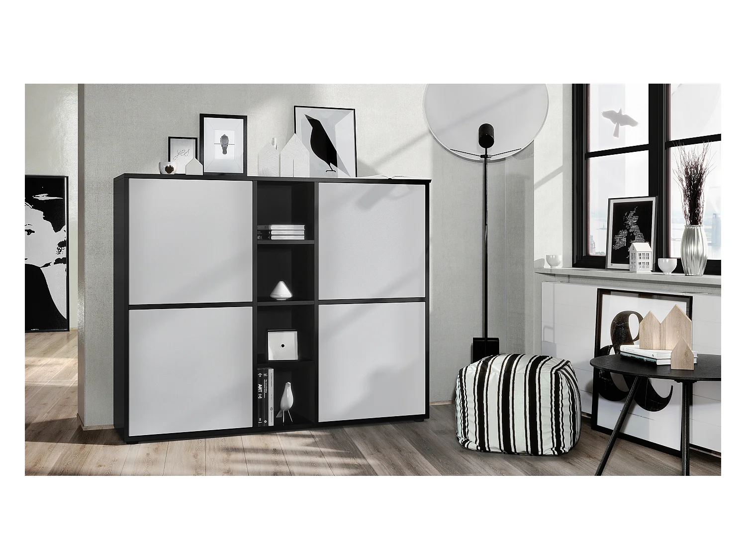 Highboard Cuba V3, noir mat/gris clair satiné mat - Buffet moderne à 12 compartiments (130,5 x 105,5 x 35,5 cm)