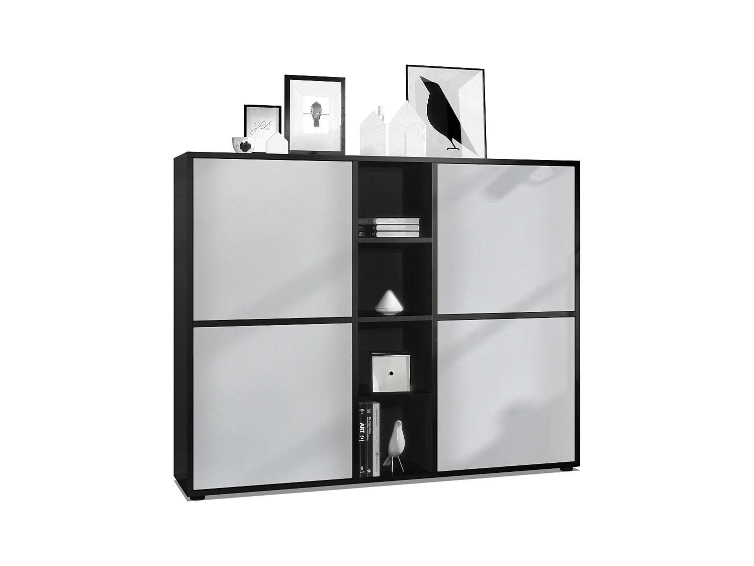 Highboard Cuba V3, noir mat/gris clair satiné mat - Buffet moderne à 12 compartiments (130,5 x 105,5 x 35,5 cm)