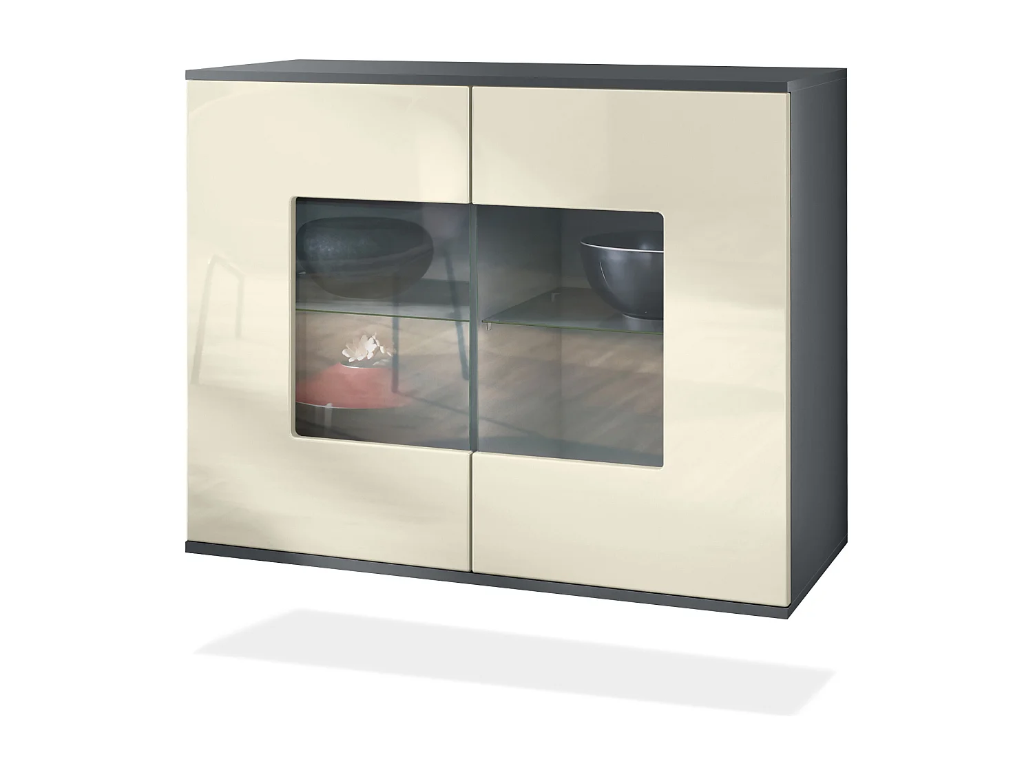 Commode Grömitz V3, Armoire de cuisine moderne avec 2 grandes portes vitrées anthracite mat / crème haute brillance (92,5 x 73.5 x 35)