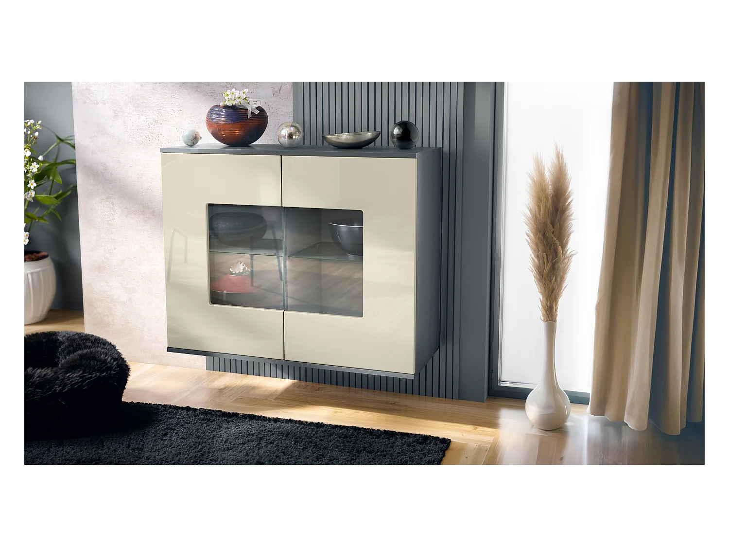 Commode Grömitz V3, Armoire de cuisine moderne avec 2 grandes portes vitrées anthracite mat / crème haute brillance (92,5 x 73.5 x 35)