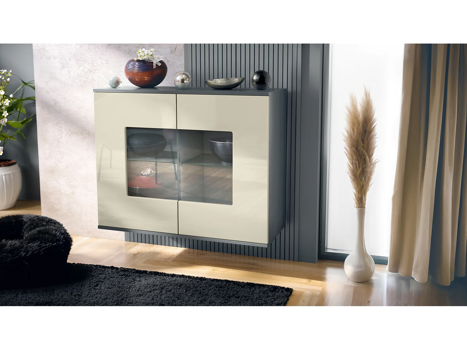 Cómoda Grömitz V3, Moderno armario de cocina con 2 grandes puertas de cristal antracita mate / crema de alto brillo (92,5 x 73.5 x 35)