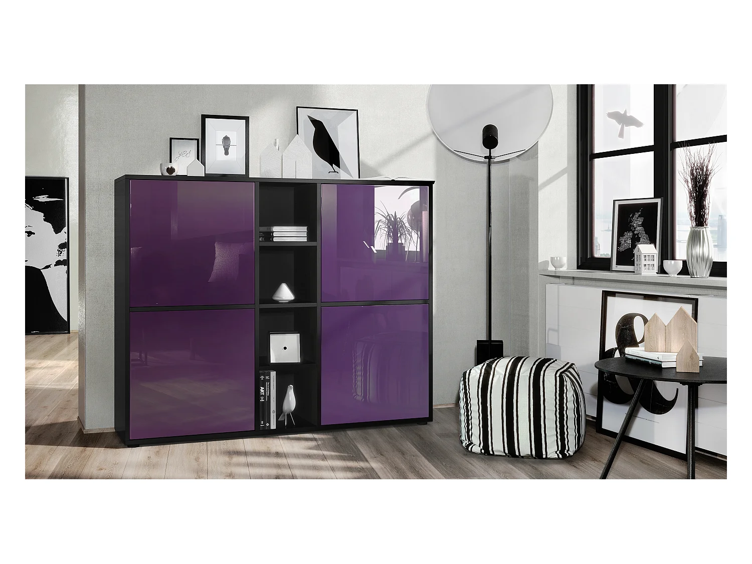 Highboard Cuba V3, noir mat/mûre haute brillance - Buffet moderne à 12 compartiments (130,5 x 105,5 x 35,5 cm)