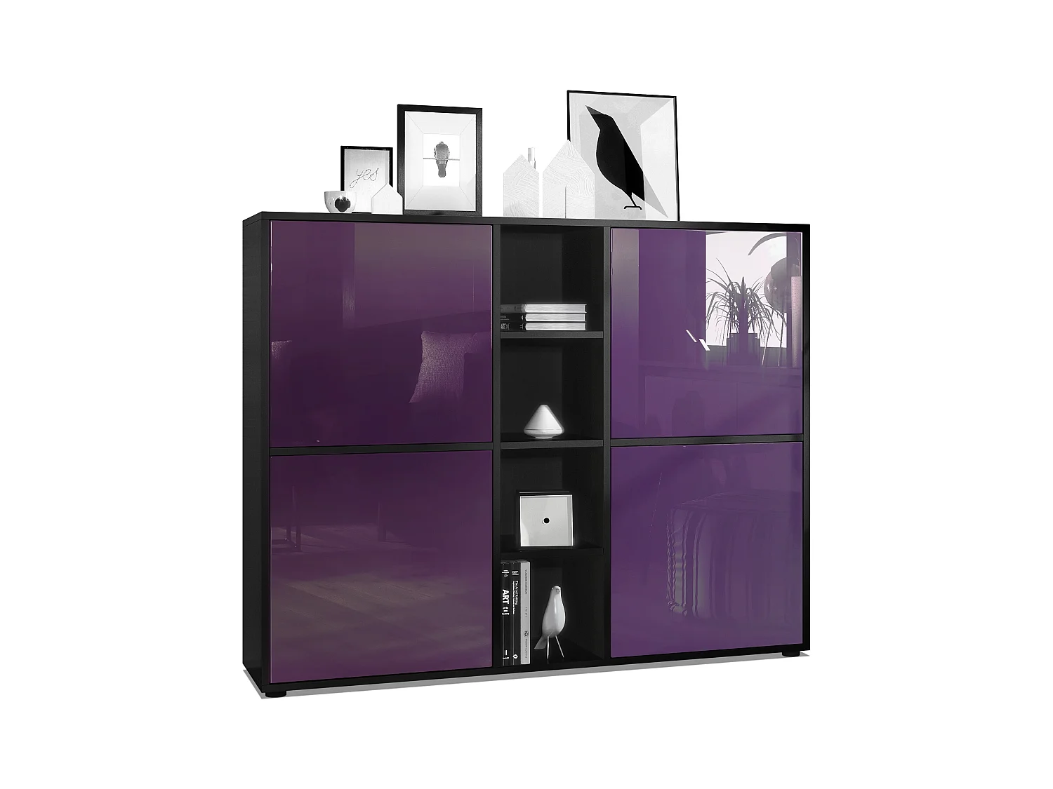 Highboard Cuba V3, noir mat/mûre haute brillance - Buffet moderne à 12 compartiments (130,5 x 105,5 x 35,5 cm)