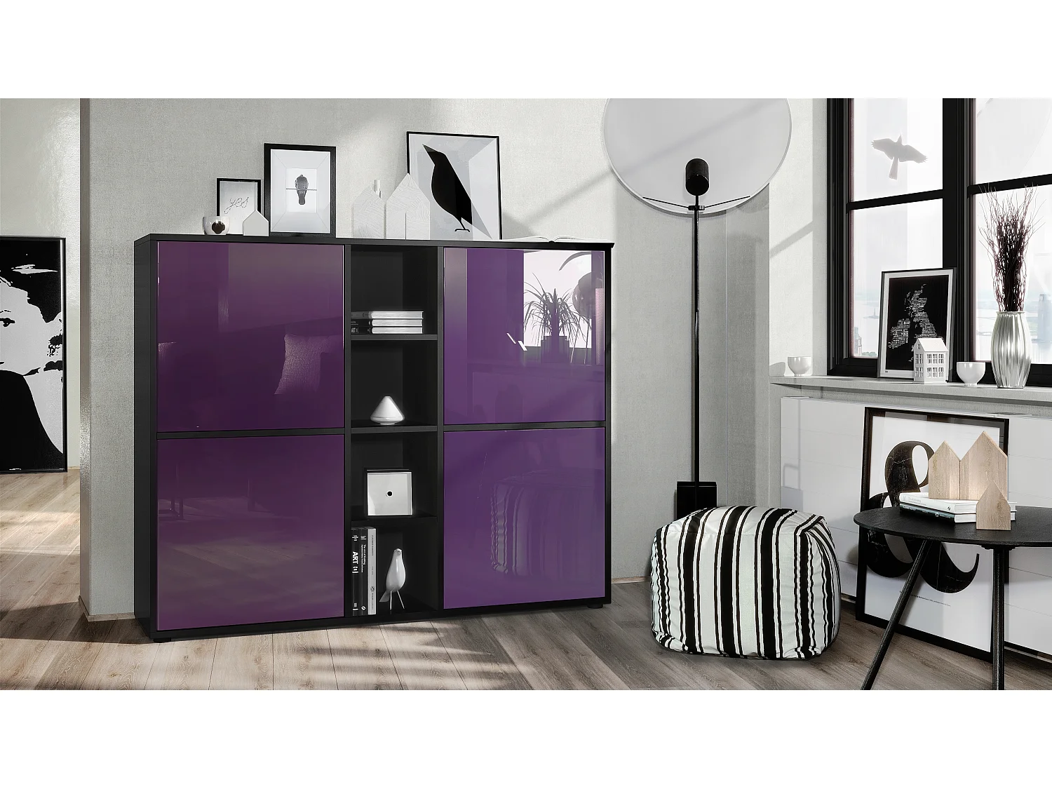 Vladon Credenza Cuba V3, nero opaco/violetto porpora lucido - Credenza moderna con 12 scomparti (130,5 x 105,5 x 35,5 cm)