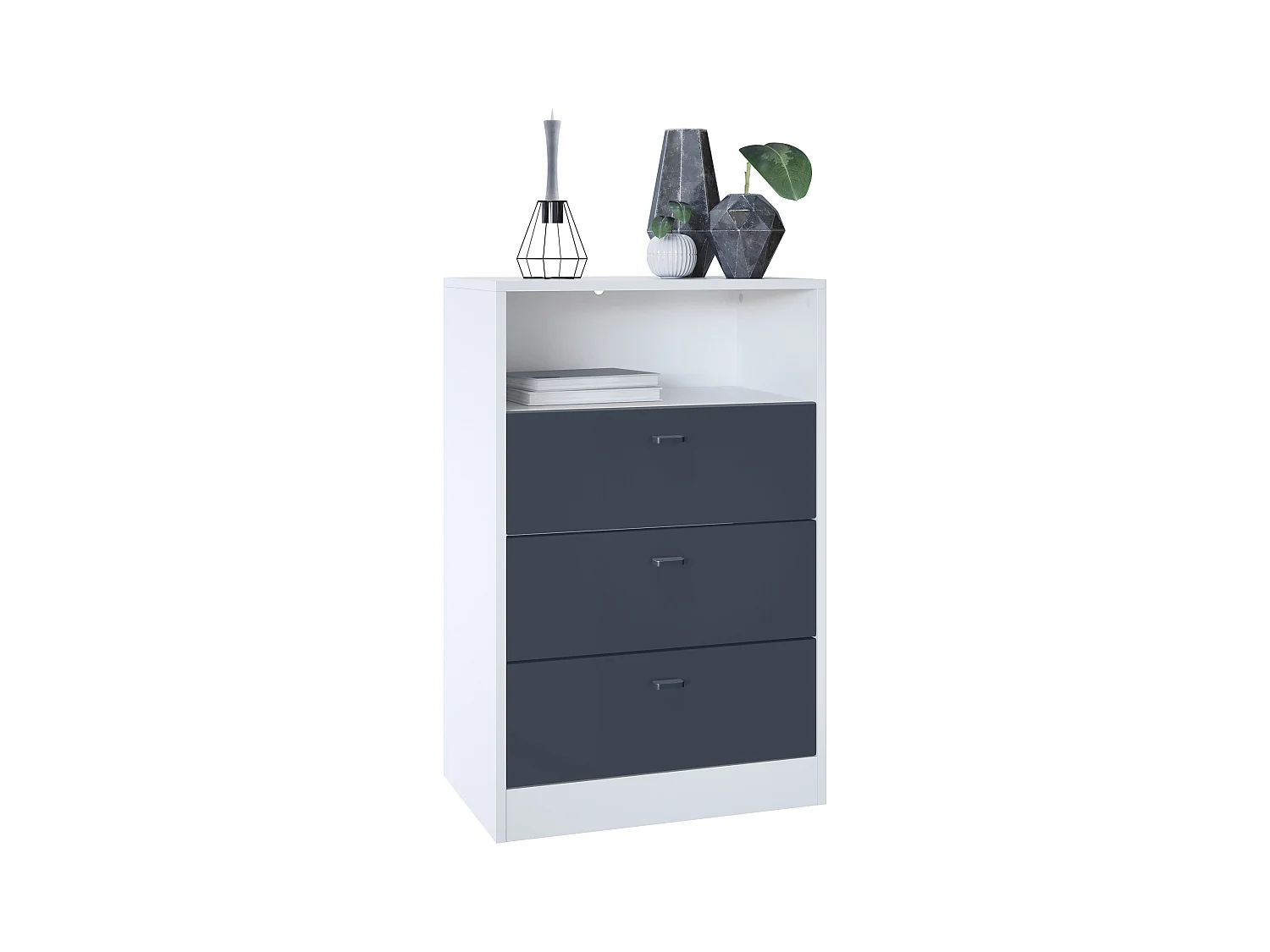 Ensemble de vestiaires Pino V2, 2 Panneaux muraux 140 cm et buffet avec 2 tiroirs & 1 compartiment ouvert, blanc mat/anthracite mat (56 x 67,5 x 36 cm)