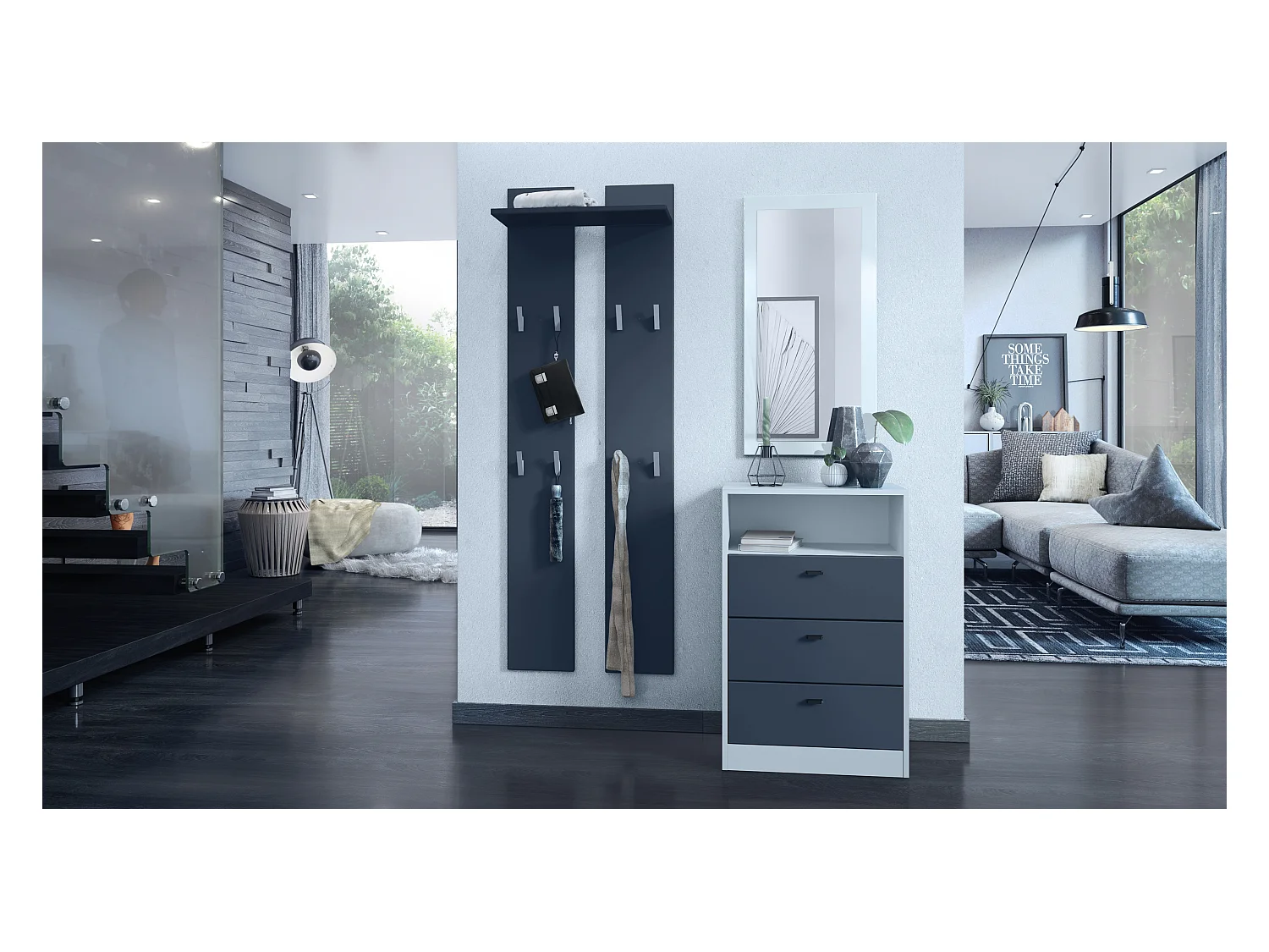 Ensemble de vestiaires Pino V2, 2 Panneaux muraux 140 cm et buffet avec 2 tiroirs & 1 compartiment ouvert, blanc mat/anthracite mat (56 x 67,5 x 36 cm)