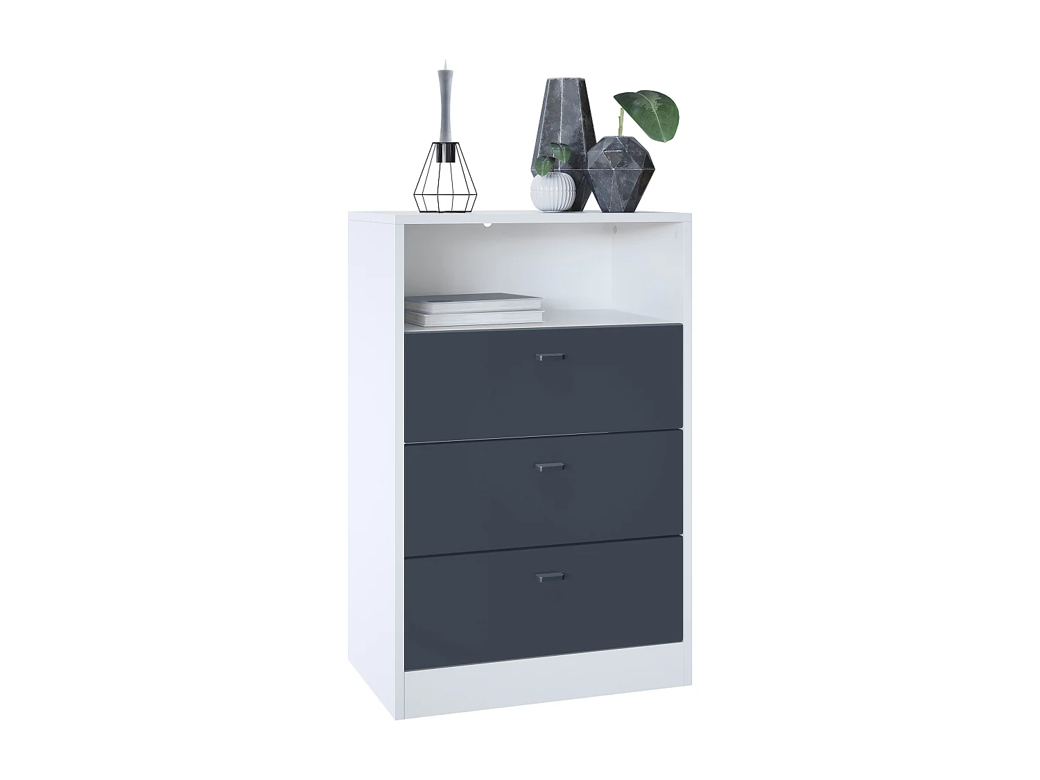 Ensemble de vestiaires Pino V2, 2 Panneaux muraux 140 cm et buffet avec 2 tiroirs & 1 compartiment ouvert, blanc mat/anthracite mat (56 x 67,5 x 36 cm)