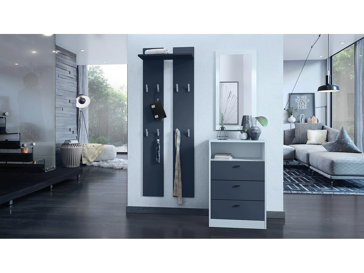 Ensemble de vestiaires Pino V2, 2 Panneaux muraux 140 cm et buffet avec 2 tiroirs & 1 compartiment ouvert, blanc mat/anthracite mat (56 x 67,5 x 36 cm)