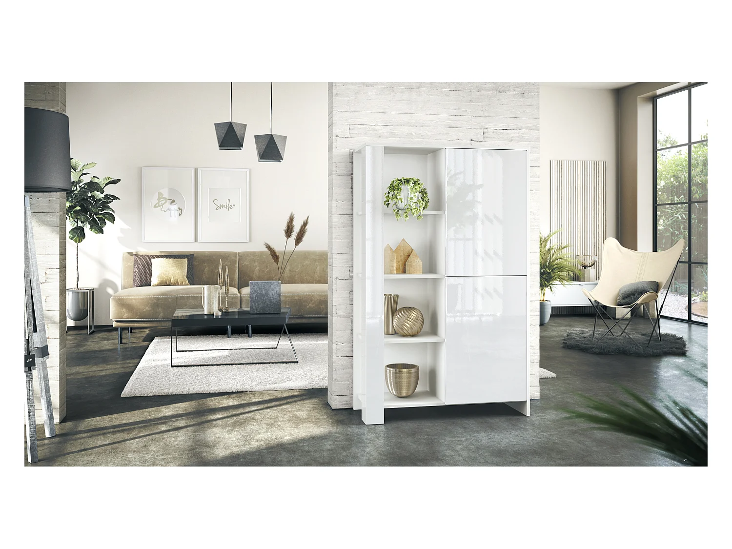 Buffet Haut Canto, meuble haut avec 2 portes et 8 compartiments, corps blanc mat, façades blanc brillant, panneaux décoratifs Blanc brillant (95 x 151,5 x 36 cm)