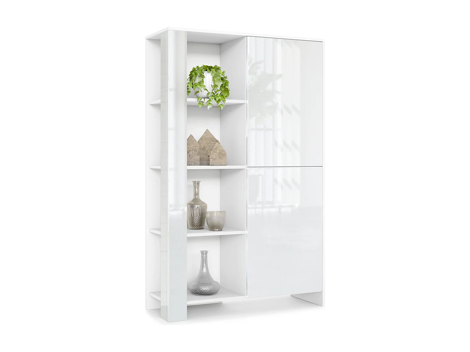 Credenza Canto, credenza alta a 2 ante e 8 scomparti, mobile bianco opaco, frontali bianchi lucidi, pannelli decorativi bianco lucido (95 x 151,5 x 36 cm)