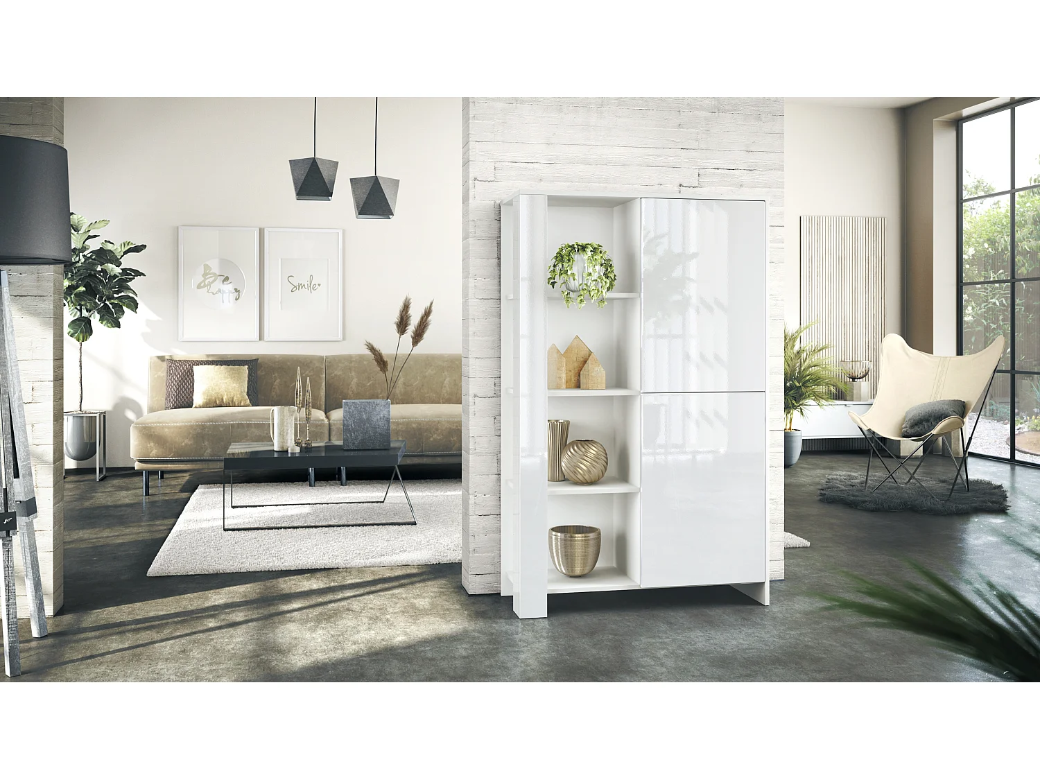 Credenza Canto, credenza alta a 2 ante e 8 scomparti, mobile bianco opaco, frontali bianchi lucidi, pannelli decorativi bianco lucido (95 x 151,5 x 36 cm)