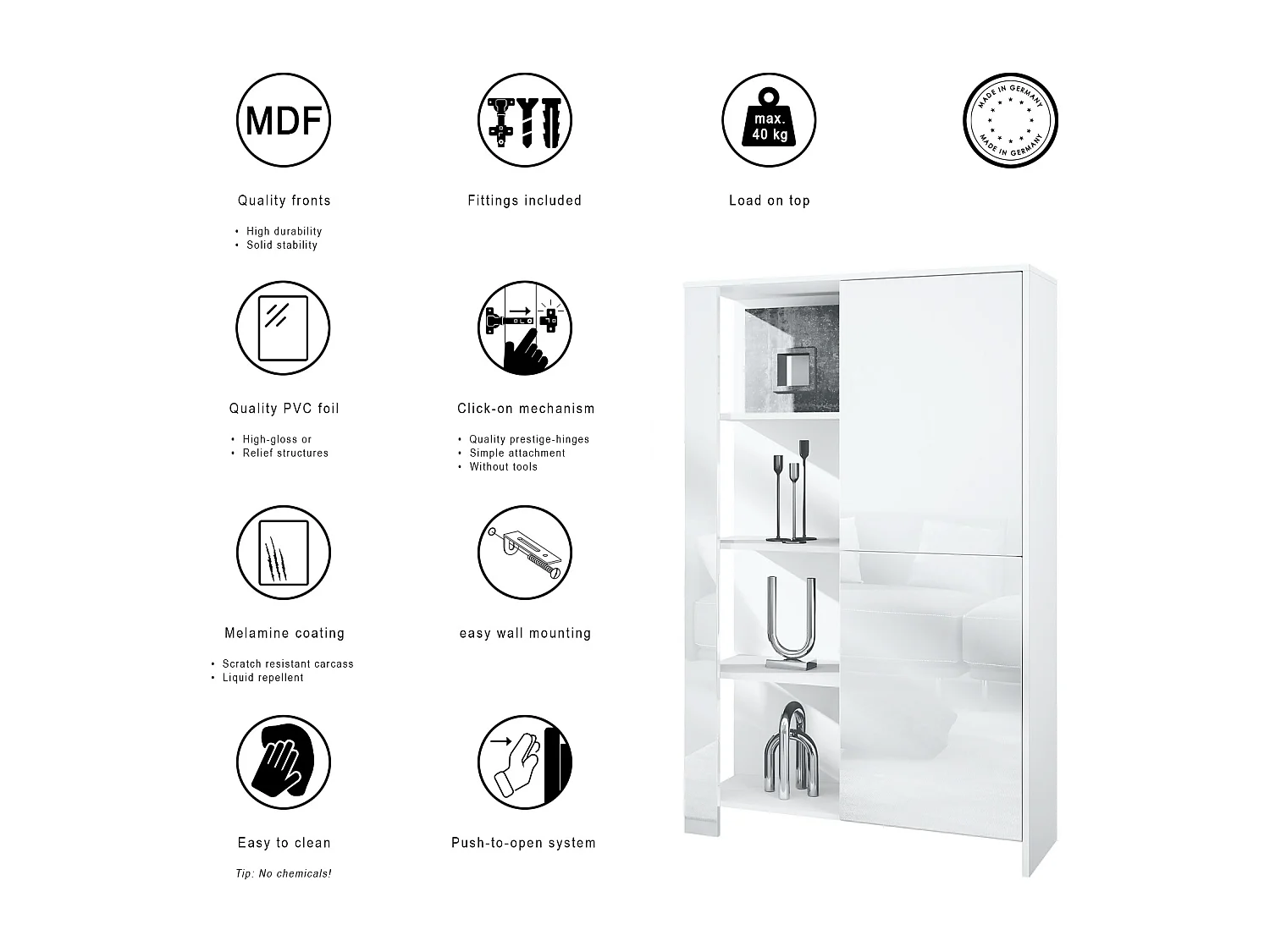 Credenza Canto, credenza alta a 2 ante e 8 scomparti, mobile bianco opaco, frontali bianchi lucidi, pannelli decorativi bianco lucido (95 x 151,5 x 36 cm)