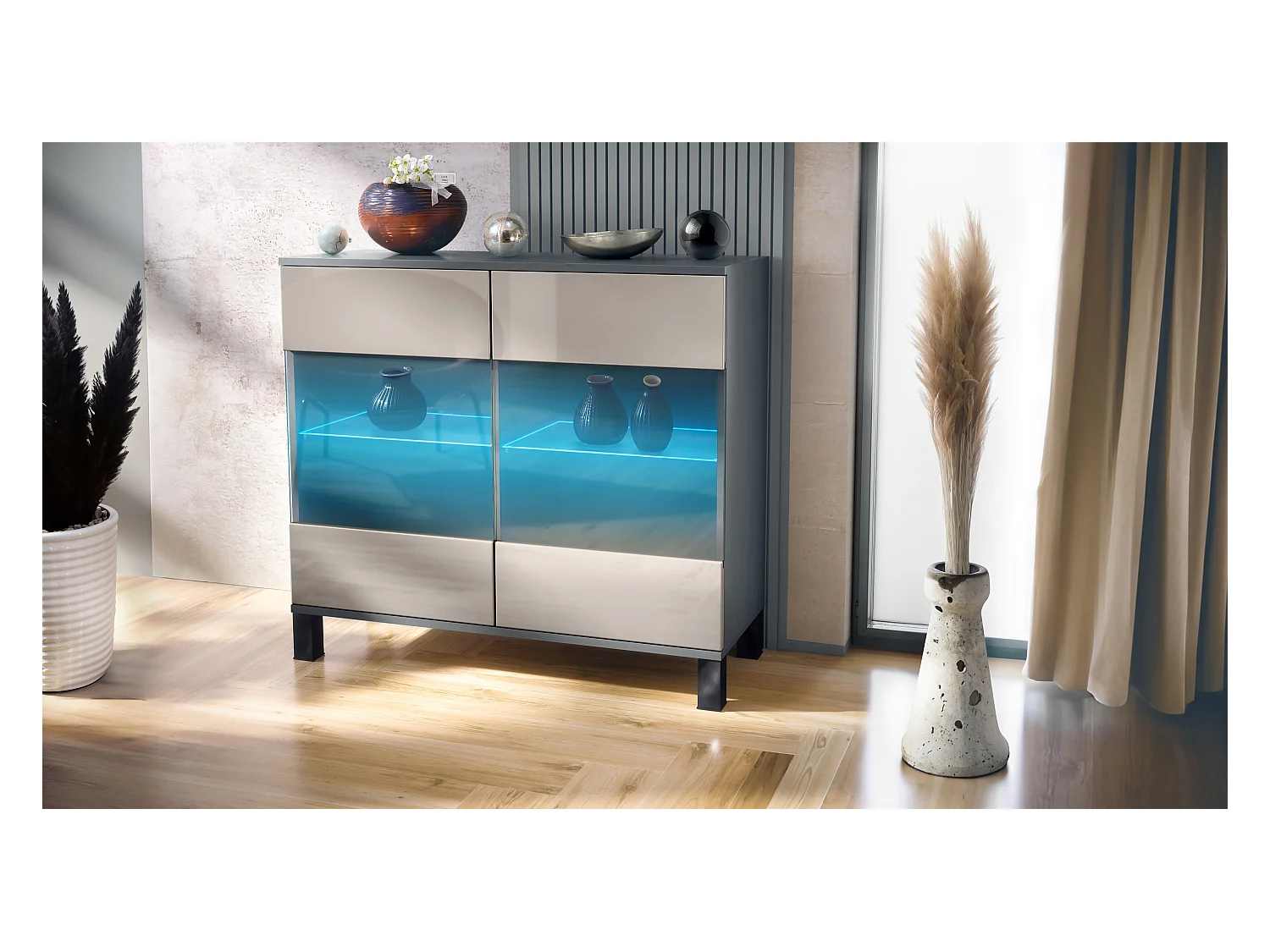 Commode Bari V3, Armoire de cuisine moderne avec 2 grandes portes vitrées incl. éclairage RGB anthracite mat / gris sable haute brillance (92,5 x 84.5 x 35)